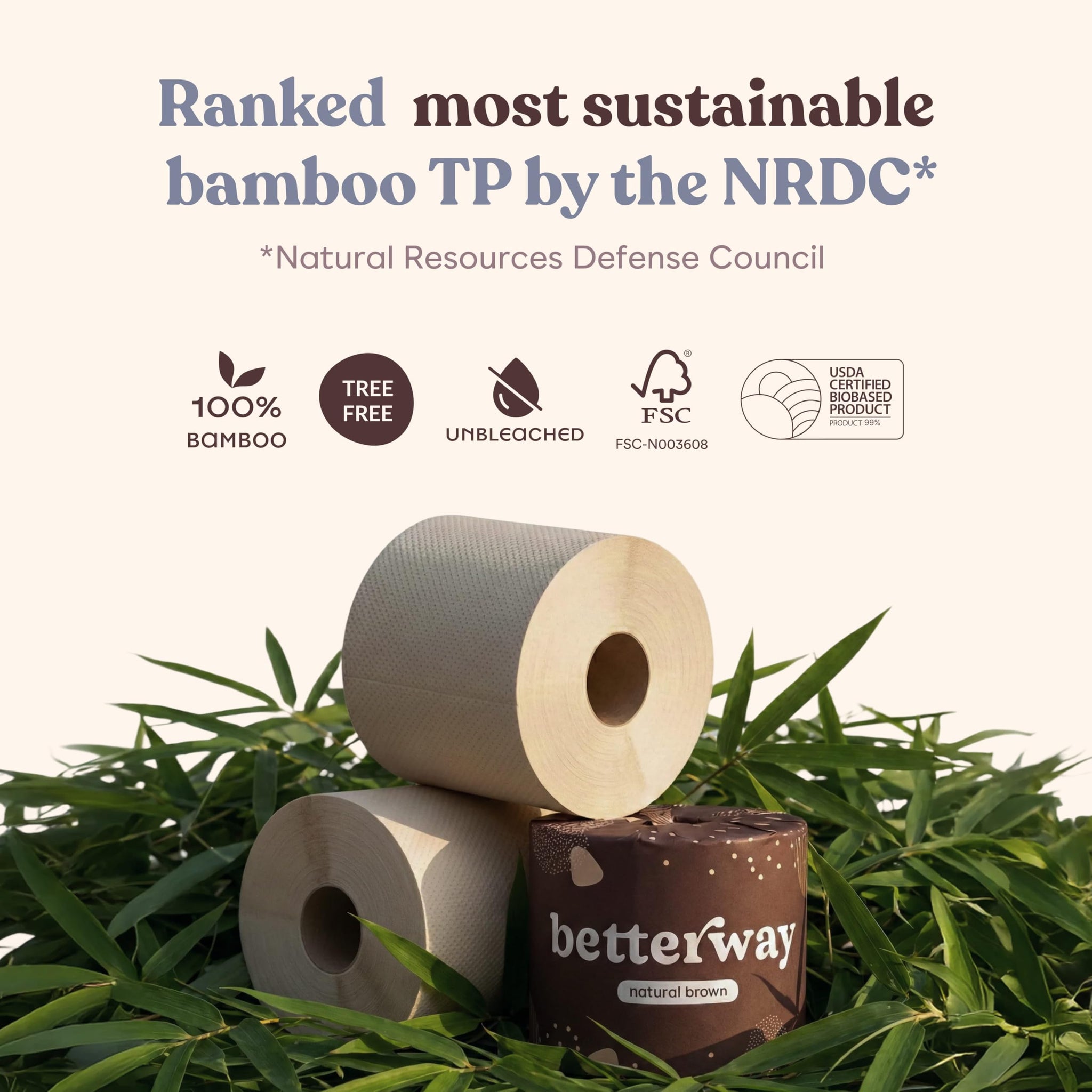 Betterway Unbleached Bamboo Toilet Paper Rolls - Eco-Friendly 3 Ply Toilet Tissue - 12 Long-Lasting Rolls - 360 Sheets/Roll - Organic, FSC Certified