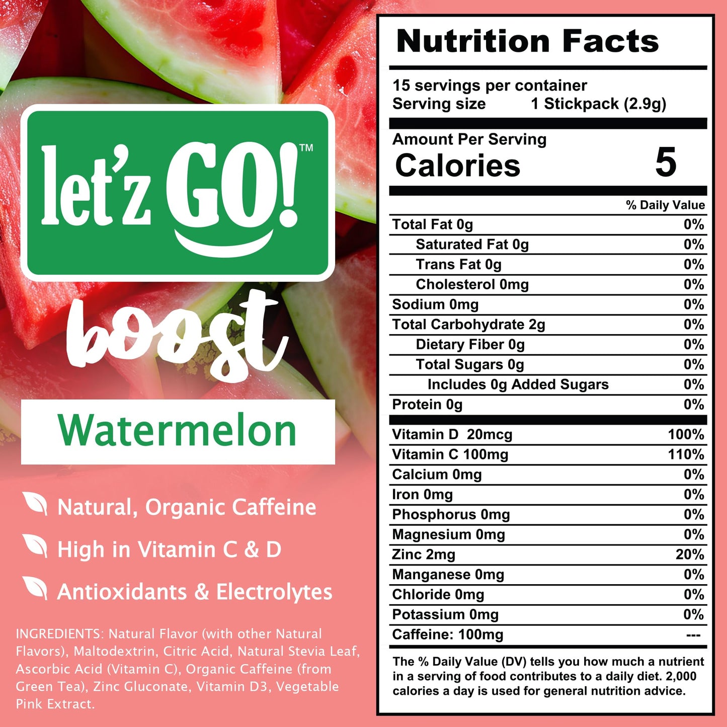 Let'z Go Clean Energy Drink Mix - Natural Caffeine Packets, Vitamins C + D, Electrolytes, Sugar-Free, Zero Calories | Anytime Energy | 15 Count