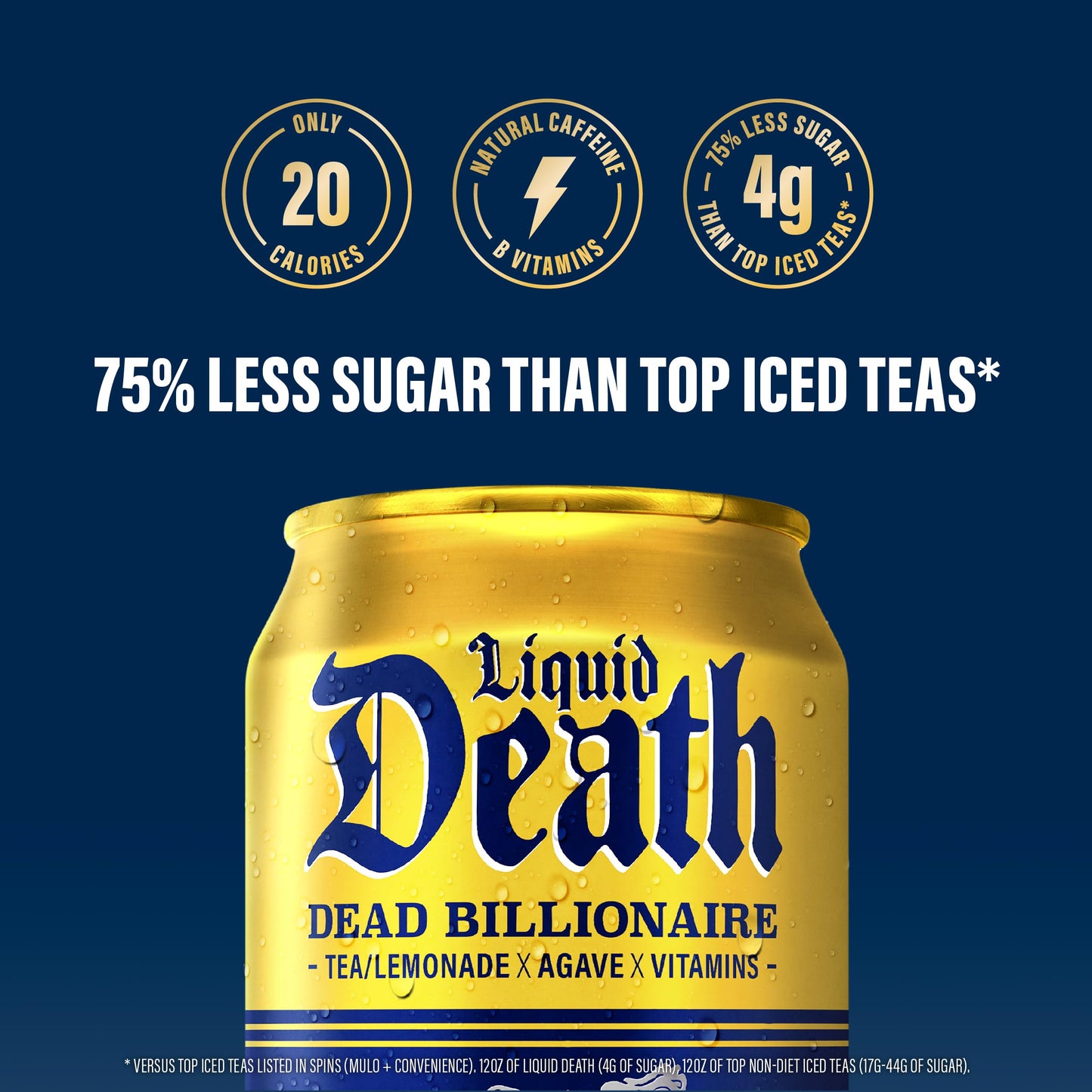 Liquid Death Iced Tea - Dead Billionaire (Black Tea/Lemonade), Less Sugar*, Boost of Caffeine, B Vitamins, No Artificial Sweeteners, 12 Fl Oz (Pack