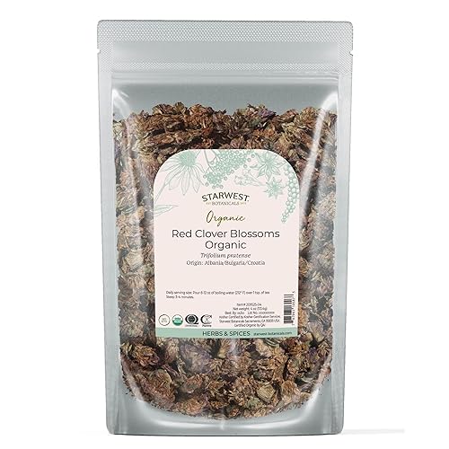 Starwest Botanicals Red Clover Blossoms Whole Organic - Dried Loose Leaf Herb for Tea, Edible Flowers, Certified Kosher, Non-GMO - 4 oz Pouch