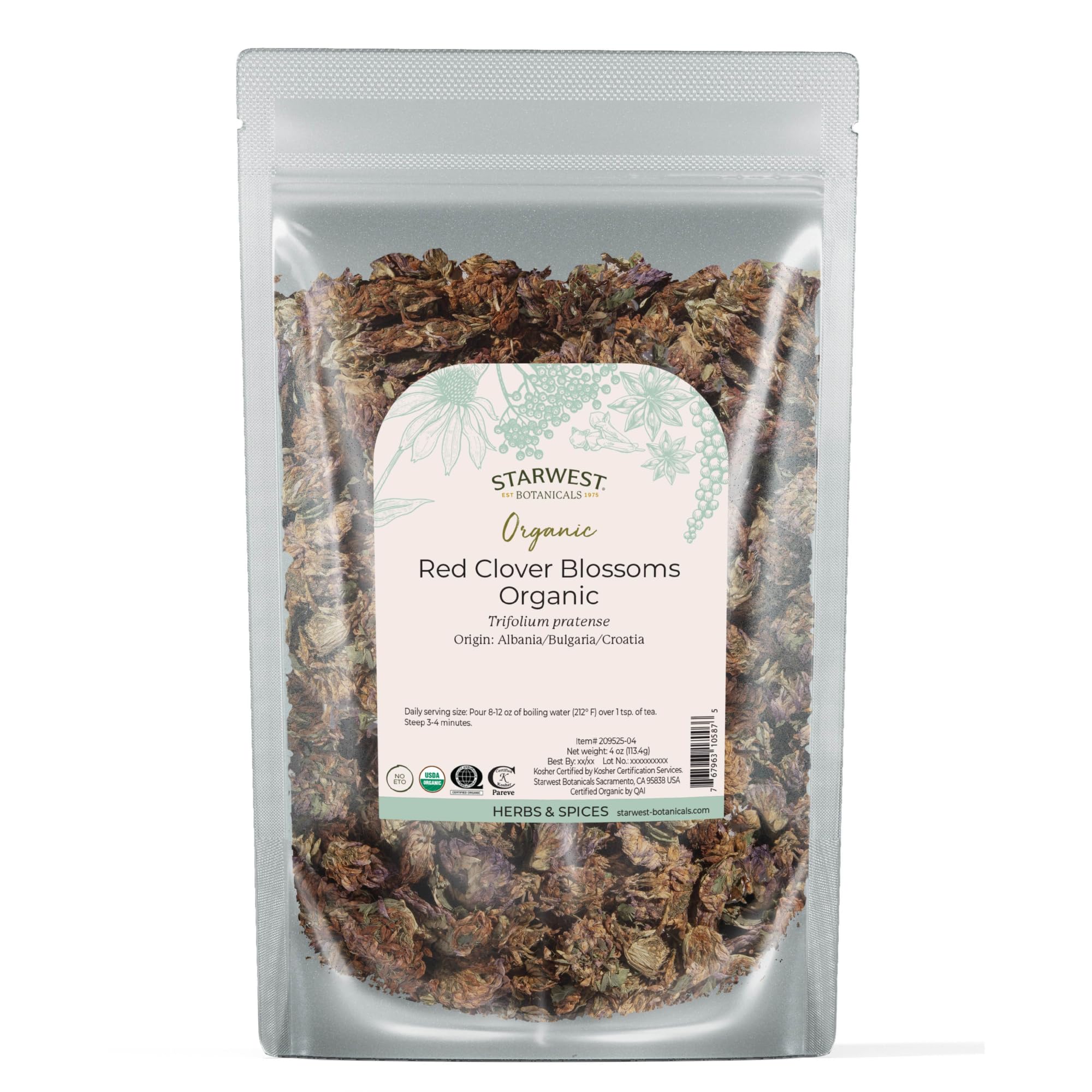 Starwest Botanicals Red Clover Blossoms Whole Organic - Dried Loose Leaf Herb for Tea, Edible Flowers, Certified Kosher, Non-GMO - 4 oz Pouch