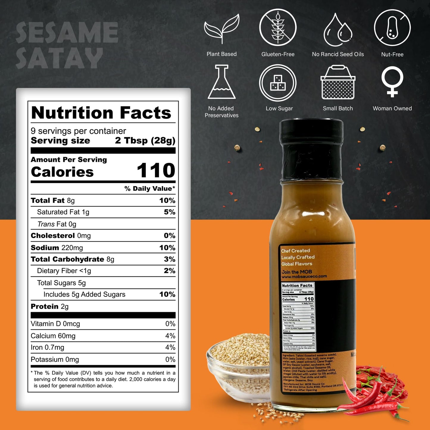 MOB Sauce Sesame Satay - Savory and Nutty Thai Inspired Grilling, Stir-fry and Bowl Sauce That’s Nut-Free, Vegan, Gluten-Free with Natural Ingredients