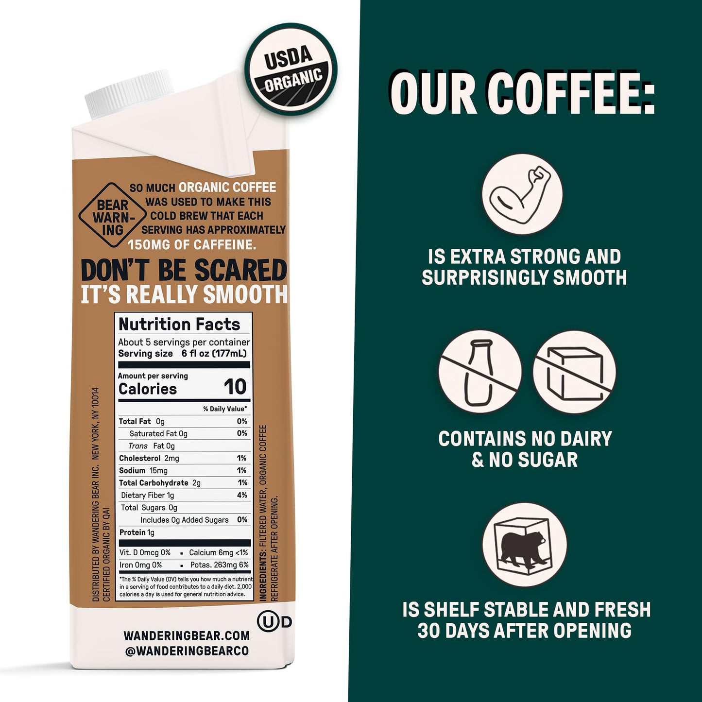 Wandering Bear Extra Strong Organic Cold Brew Coffee, Straight Black, 32 fl oz, 1 pack - Smooth, Organic, Unsweetened, Shelf-Stable, and Ready
