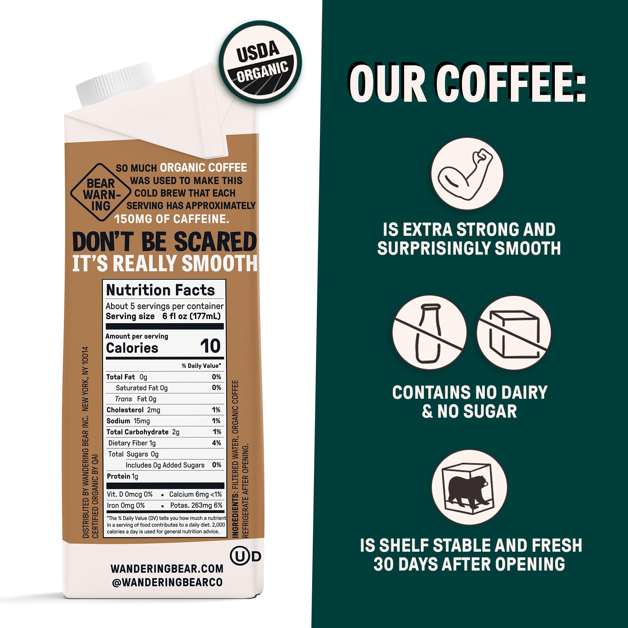 Wandering Bear Extra Strong Organic Cold Brew Coffee, Straight Black, 32 fl oz, 1 pack - Smooth, Organic, Unsweetened, Shelf-Stable, and Ready