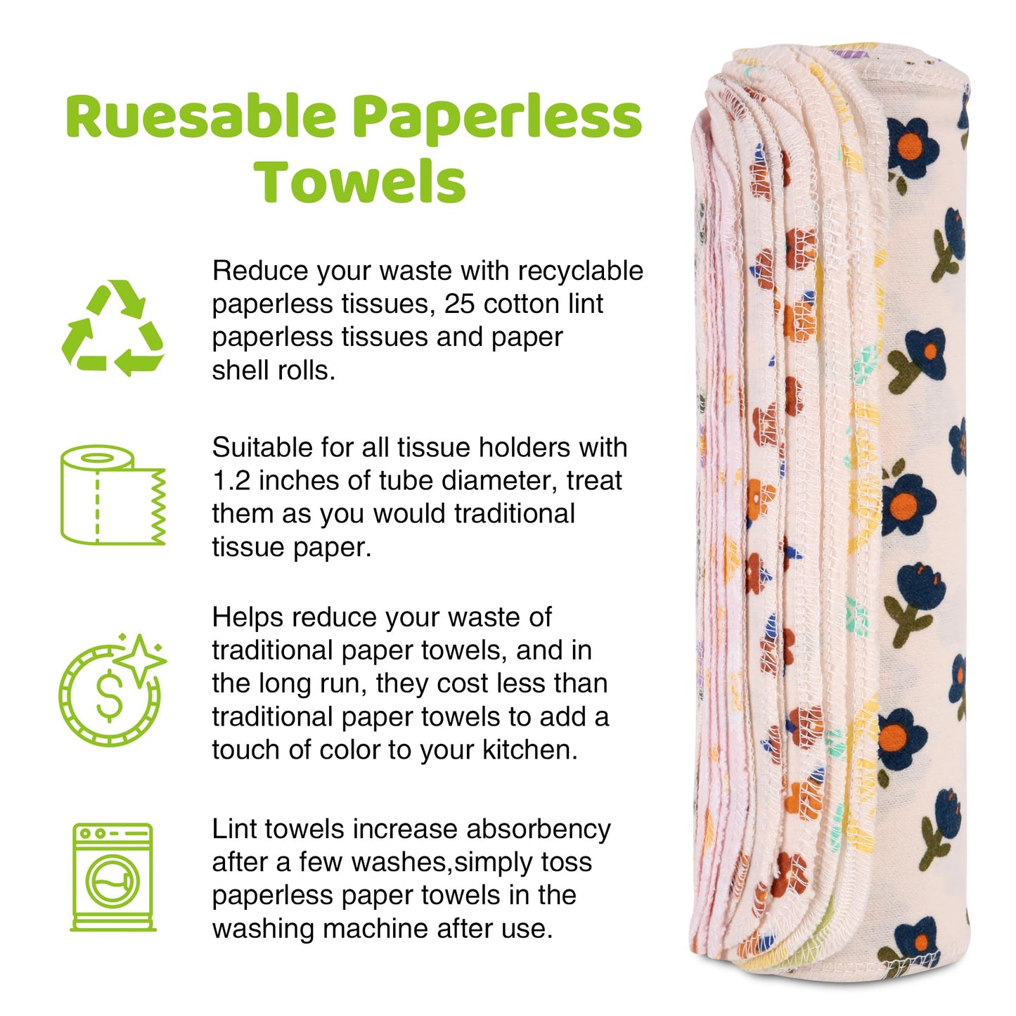 Mikccer Reusable Paper Towels Washable Roll, 25 Packs Washable Cotton Prints Flannel Paper Towels, 10 X 10in Super Soft, Absorbent, Fits All Holders