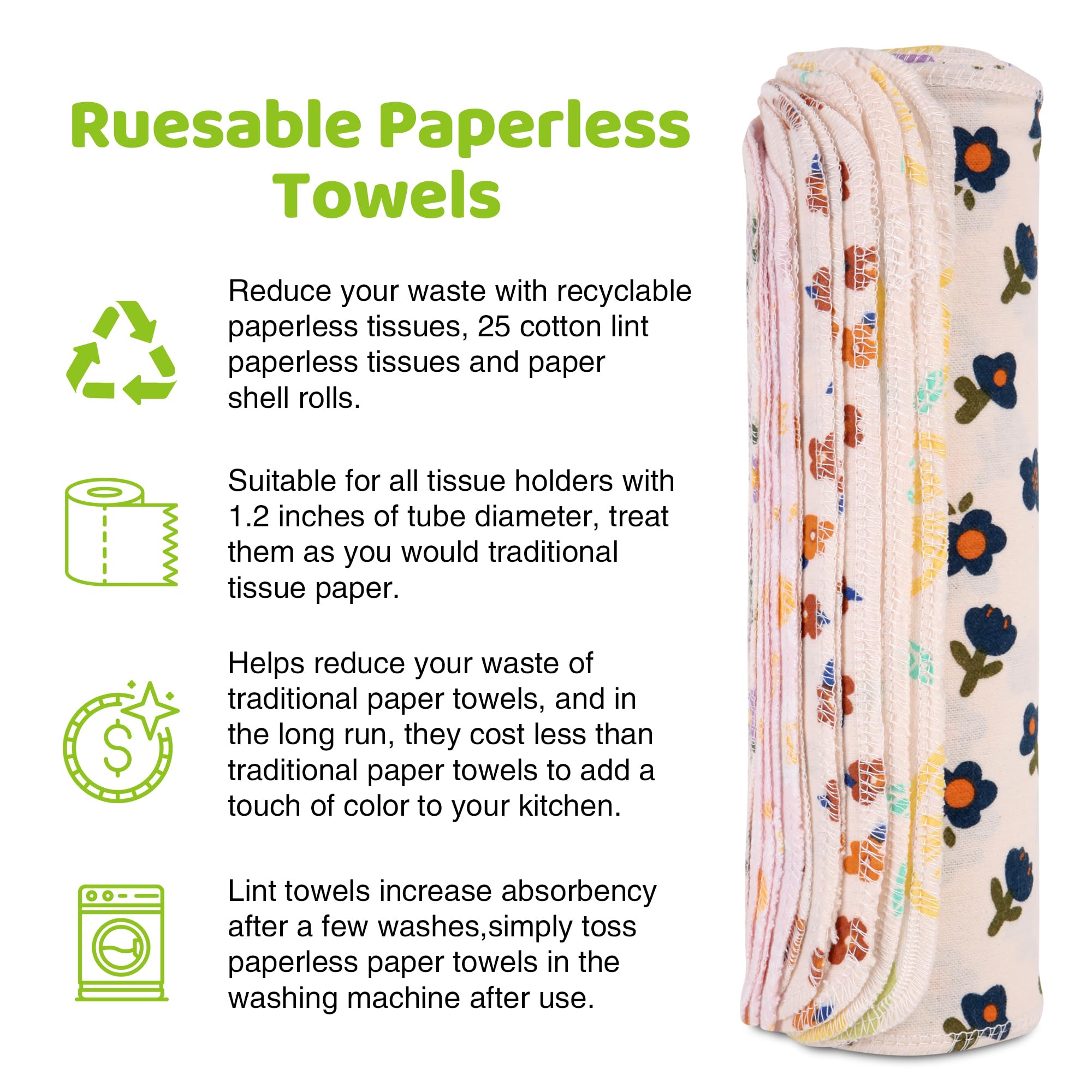 Mikccer Reusable Paper Towels Washable Roll, 25 Packs Washable Cotton Prints Flannel Paper Towels, 10 X 10in Super Soft, Absorbent, Fits All Holders