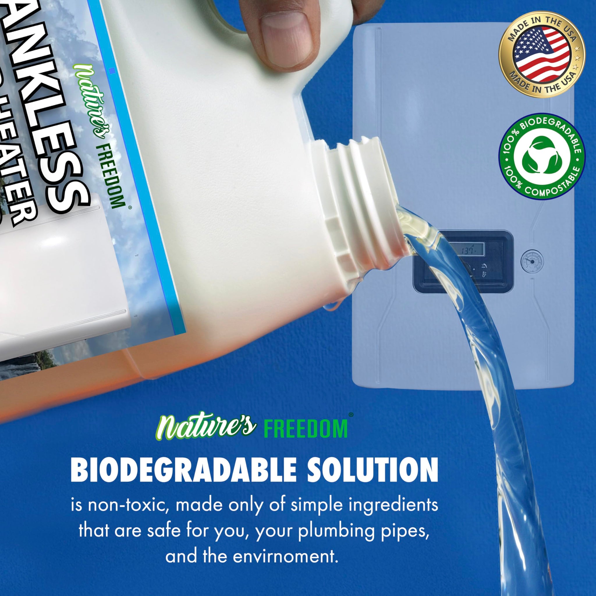 Nature's Freedom Tankless Water Heater Flush Descaler, Quart (32 oz) - Professional Non-Toxic Descaling Solution, Biodegradable, Made in the USA