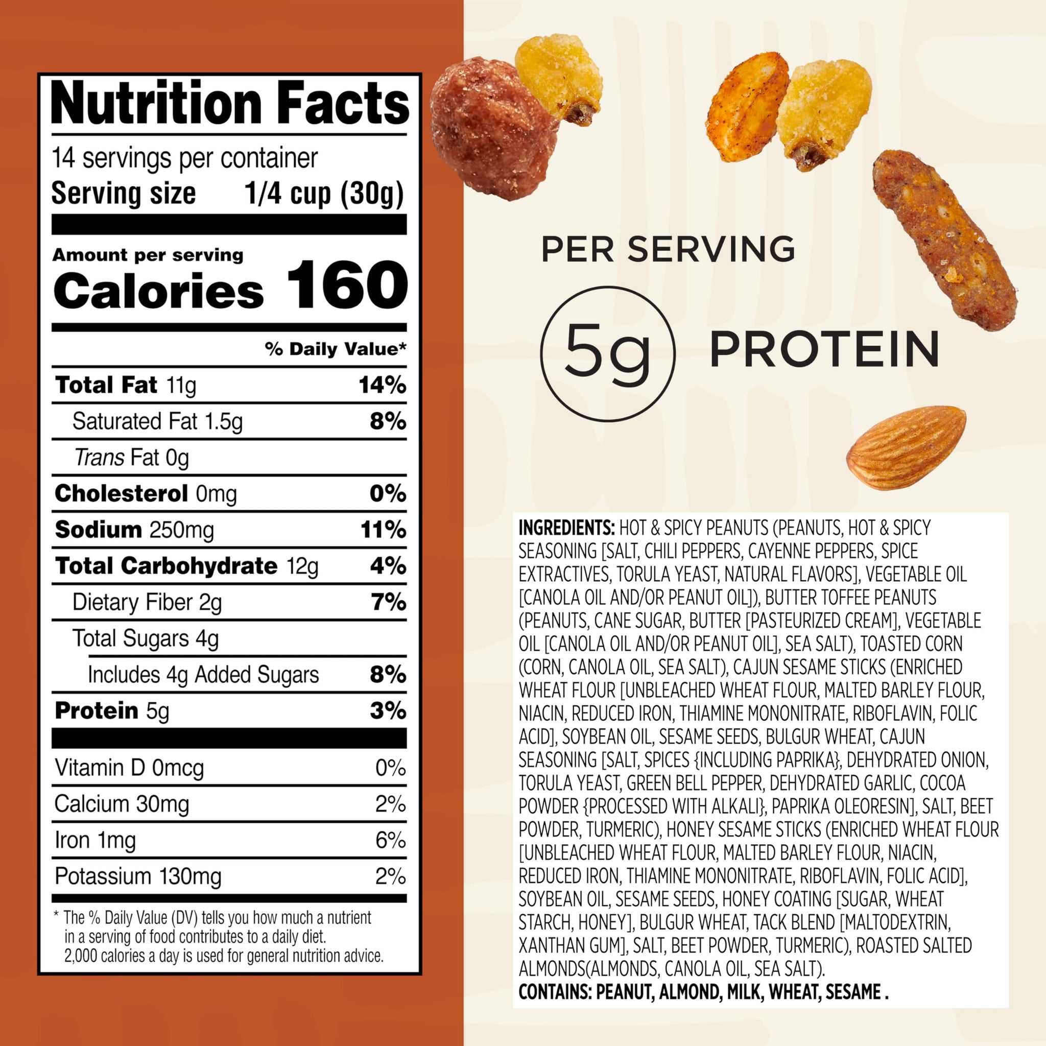 Snak Club Cajun Style Snack Mix with Hot and Spicy Peanuts, Butter Toffee Peanuts, Toasted Corn, Cajun and Honey Sesame Sticks, and Almonds, Kosher