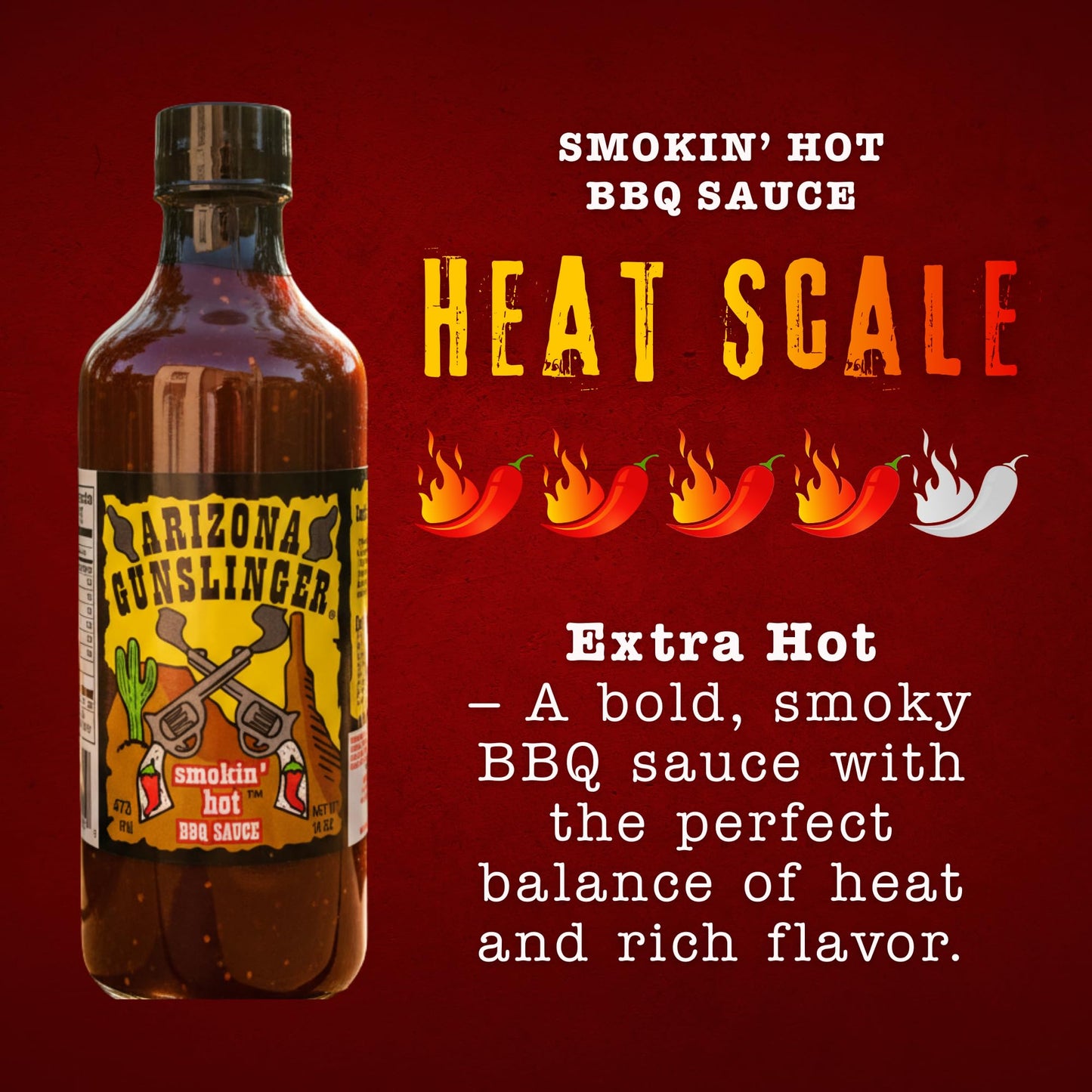 Arizona Gunslinger Smokin’ Hot BBQ Sauce, Gluten Free Wing Sauce, Low Calorie & Organic, Chicken Wings & Grilled Favorites, Ideal for Grilled Meats