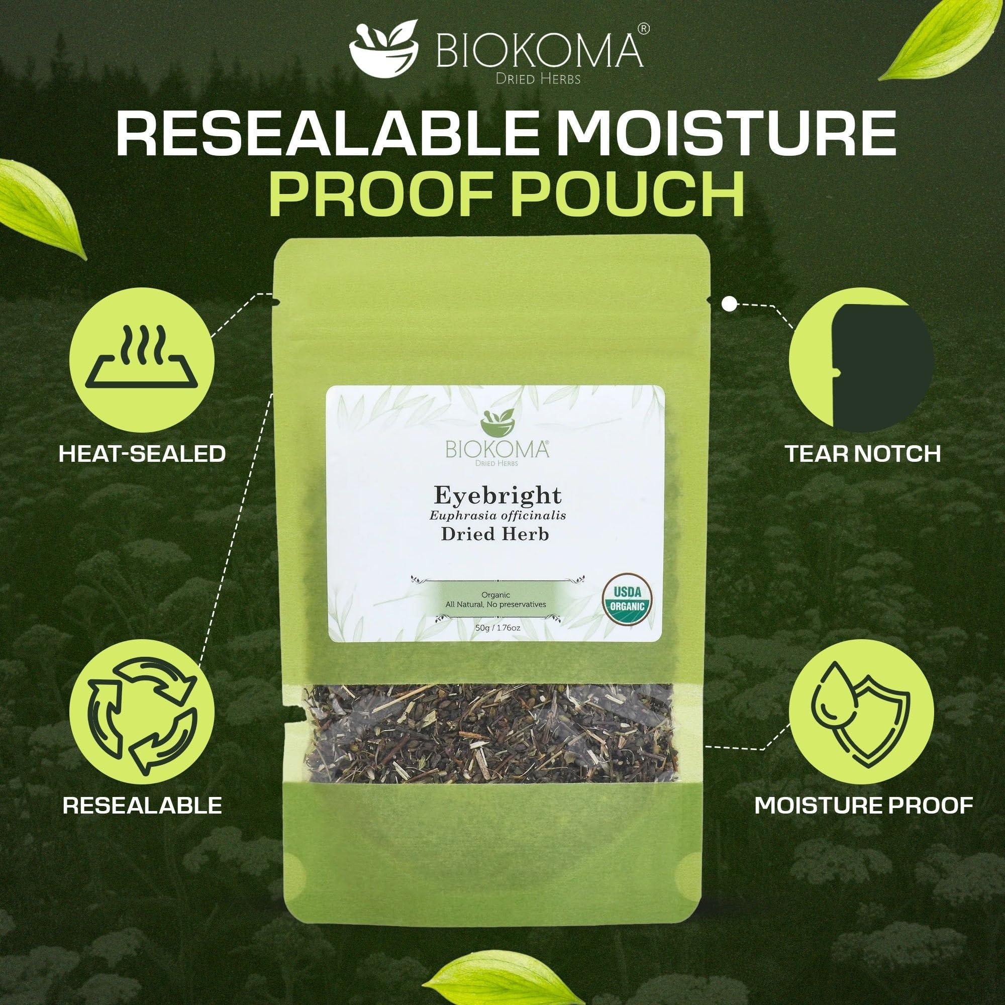 Biokoma Organic Eyebright Dried Herb 1.76oz Euphrasia Officinalis Loose Herbal Tea USDA Organic Herbal Tea - Resealable Moisture Proof Pouch, No