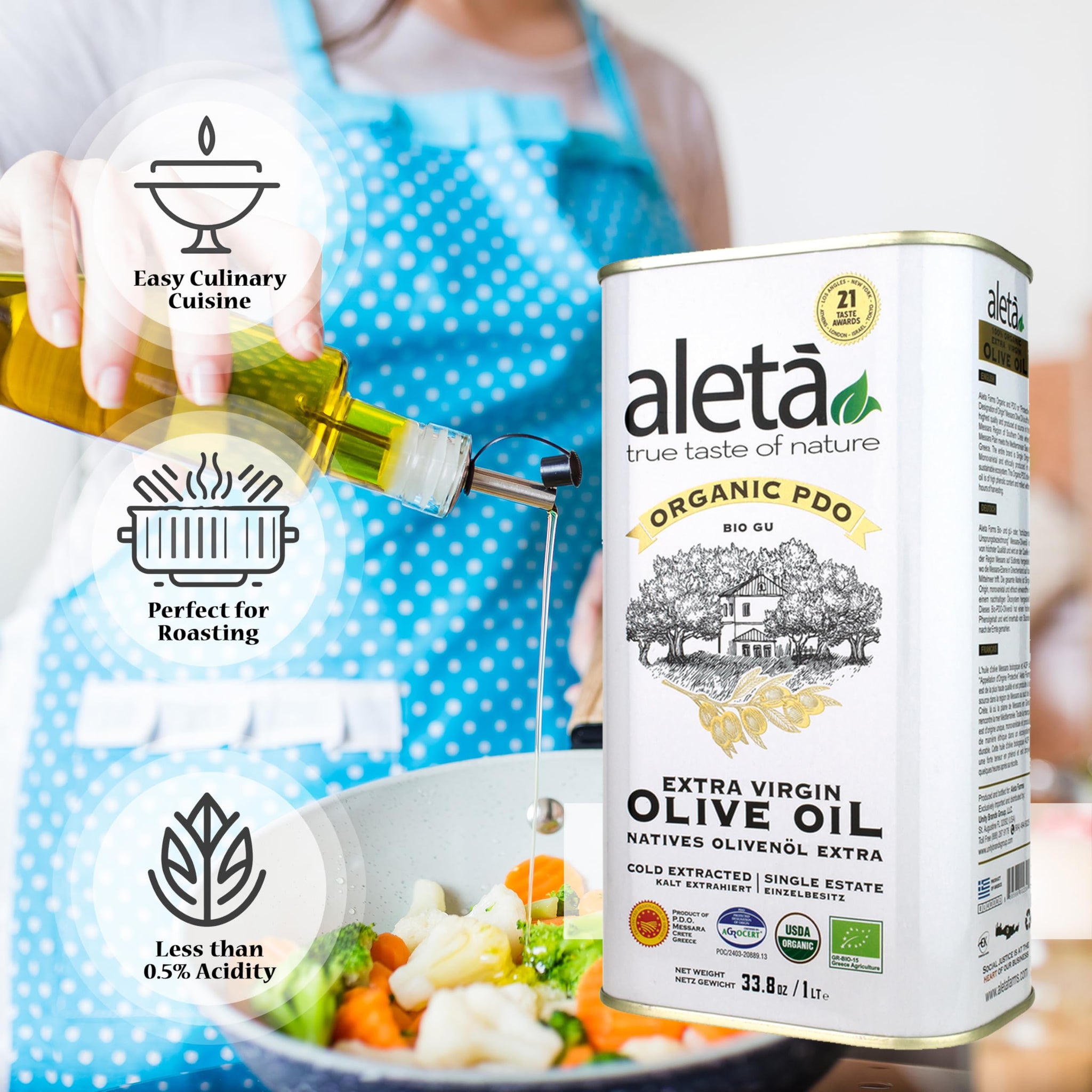 Aleta Farms Olive Oil Extra Virgin, USDA Organic, Single Estate PDO Polyphenol Rich Olive Oil, Cold Pressed, Global Gold Awards, Kosher, 33.8 Fl oz
