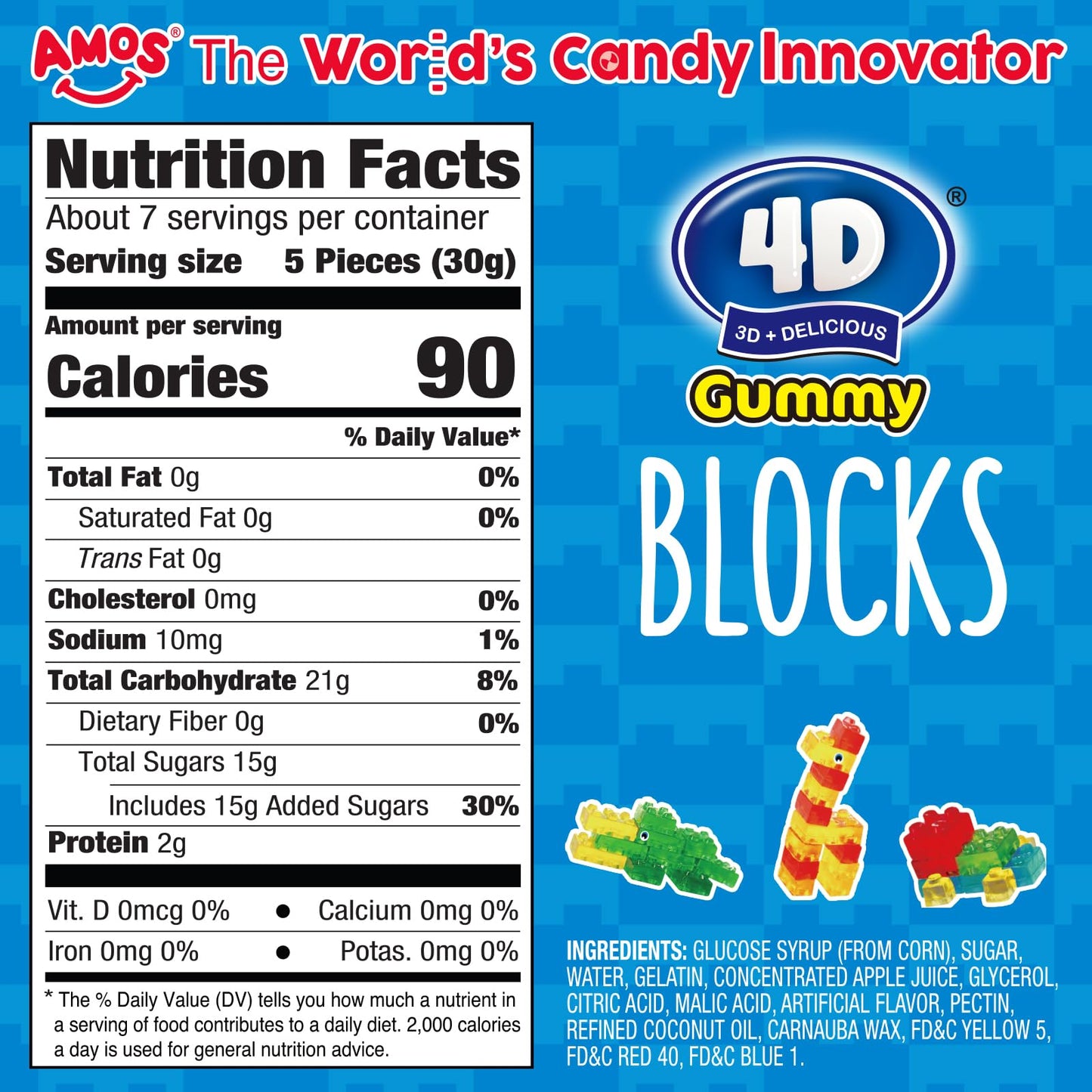 AMOS 4D Gummy Blocks - 7oz (198g) Fruit-Flavored Building Block Gummies, Fun Play Edible Candy with Real Fruit Juice, Artificial Flavor