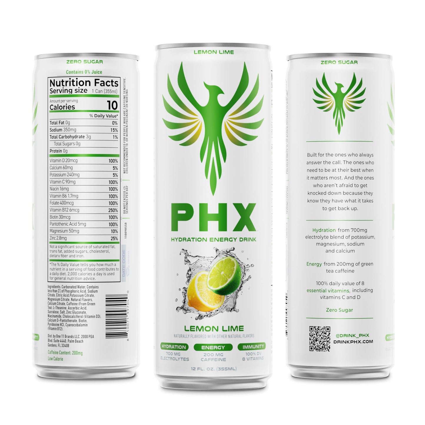 PHX Hydration Energy Drink - 700mg Electrolytes, 200mg Natural Green Tea Caffeine, 100% Daily Value 8 Essential Vitamins - 12 oz Cans (12 Pack) (12