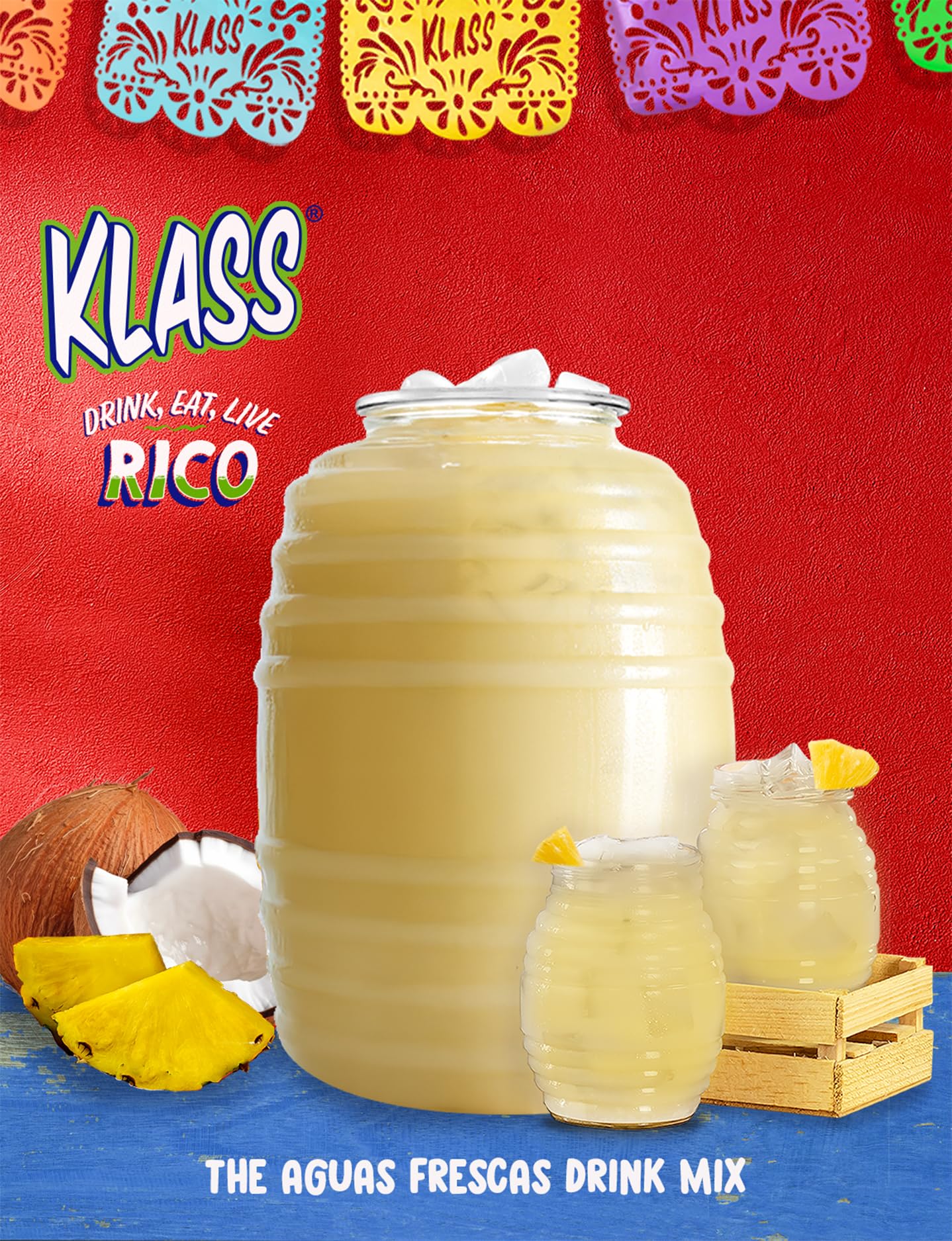 Klass Aguas Frescas Drink Mix Variety Pack - Pina Colada, Cucumber Limeade, Tropical Punch & Strawberry Watermelon - Powder Drink Mix, Water Drink Mix