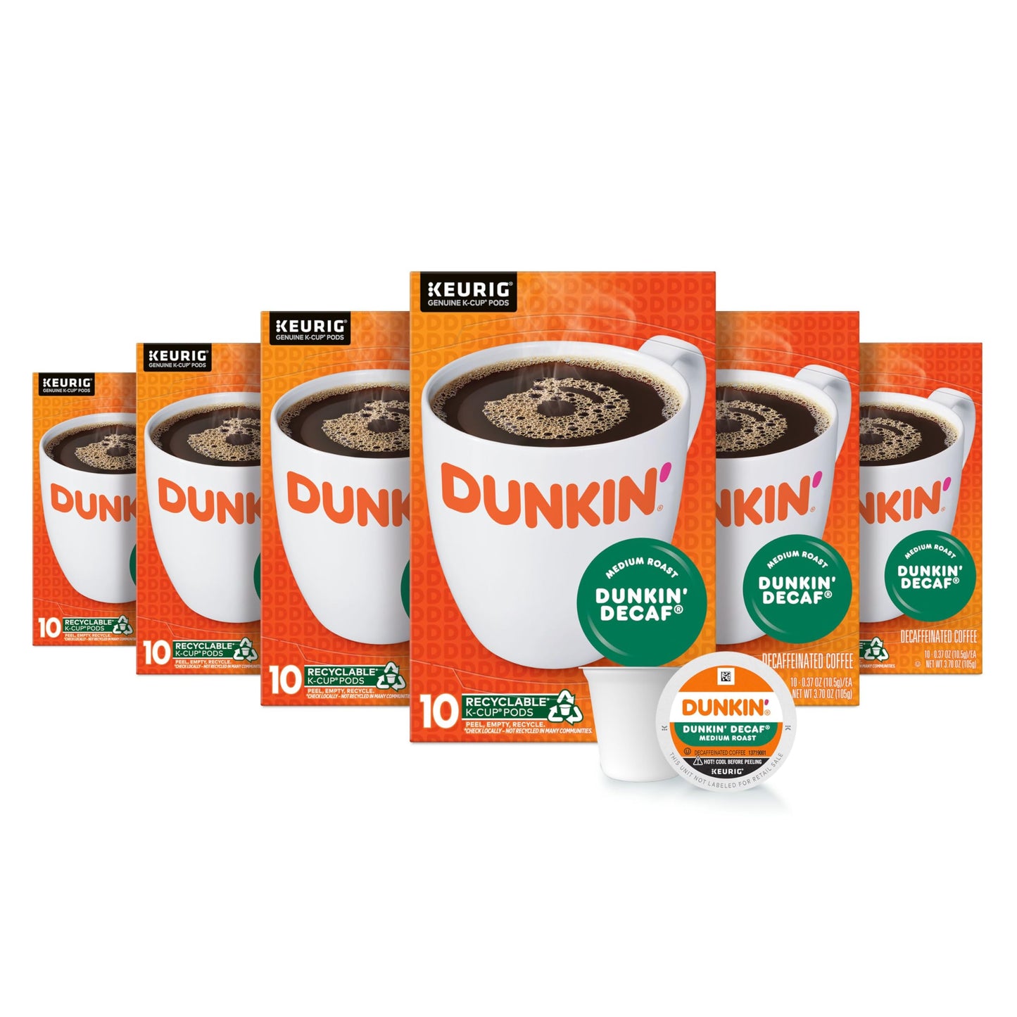Dunkin’ Decaf Medium Roast Coffee, Keurig K-Cup Pods, 10 Count Boxes (Pack of 6)
