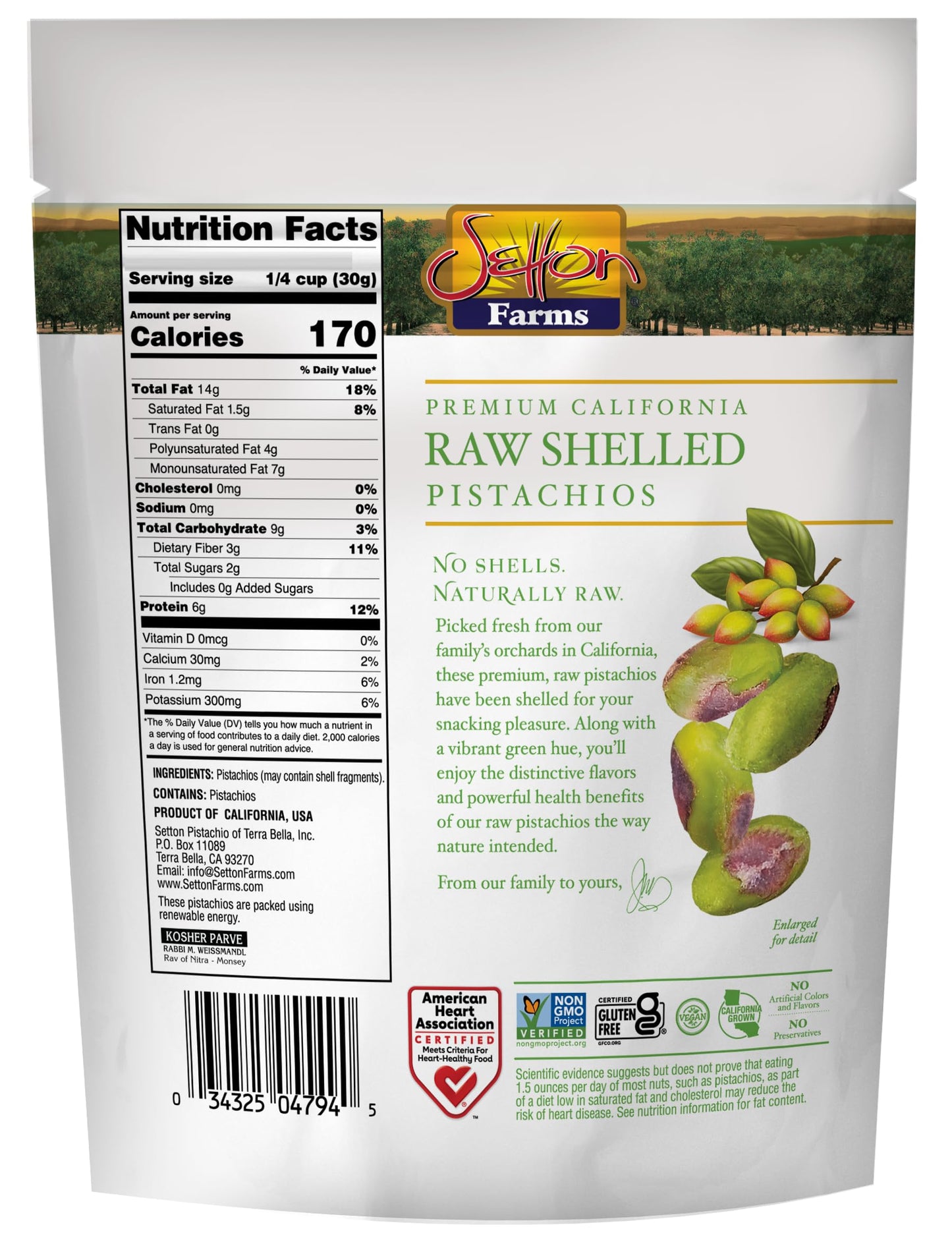 Setton Farms Naturally Raw Shelled Pistachios 20 oz Value Bag, No Shell Pistachios, Non-GMO Project Verified, Certified Gluten Free, Vegan and Kosher