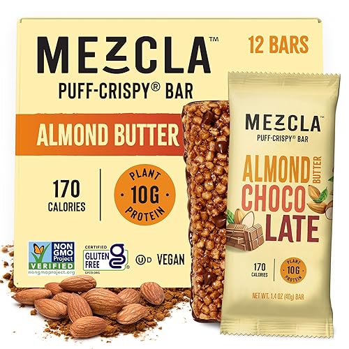 Mezcla Puff-Crispy Plant Based Protein Bars - Almond Butter Chocolate - Healthy Snacks for Adults & Kids - Perfect School, Travel, & Office Snacks