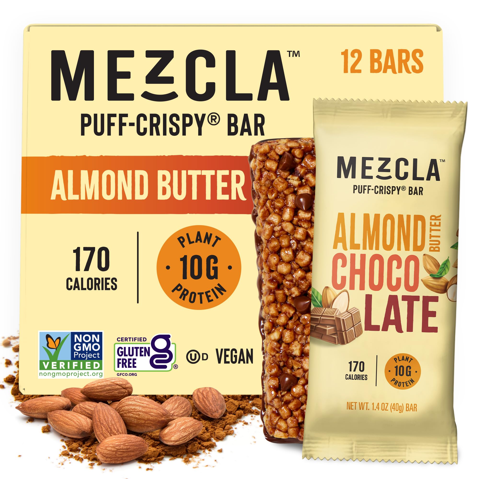 Mezcla Puff-Crispy Plant Based Protein Bars - Almond Butter Chocolate - Healthy Snacks for Adults & Kids - Perfect School, Travel, & Office Snacks