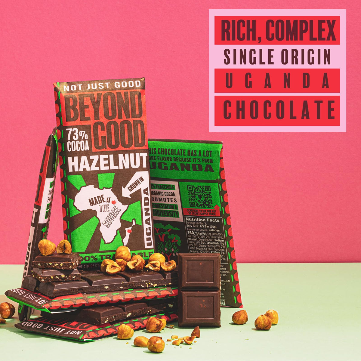 Beyond Good 73% Cocoa Dark Chocolate with Hazelnuts | 6 Pack - Chocolate Bars | Direct Trade, Vegan, Kosher, Non-GMO | Single Origin Ugandan Chocolate