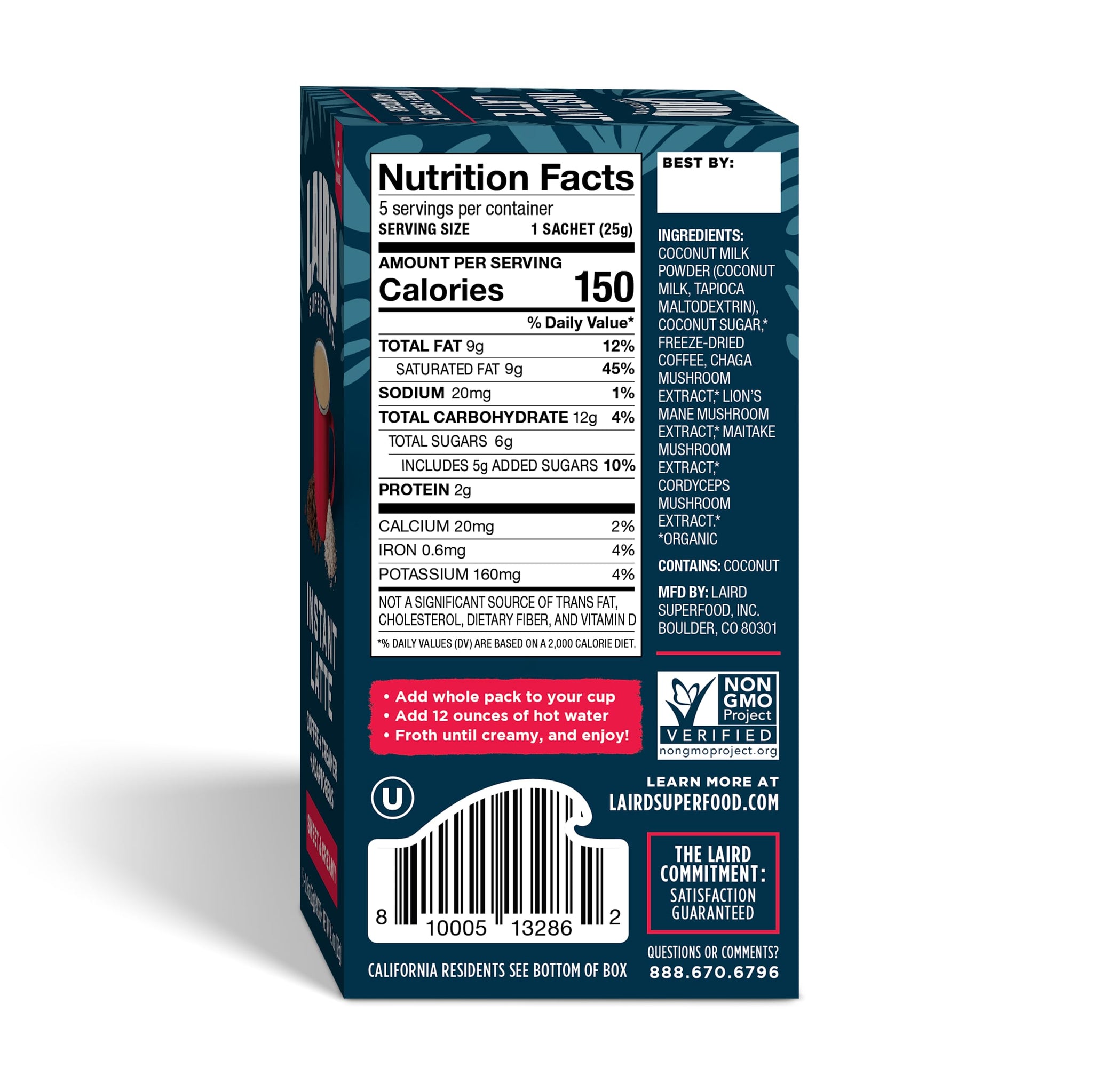 Laird Superfood Sweet and Creamy Instant Latte with Adaptogens, 5 pk Sachets