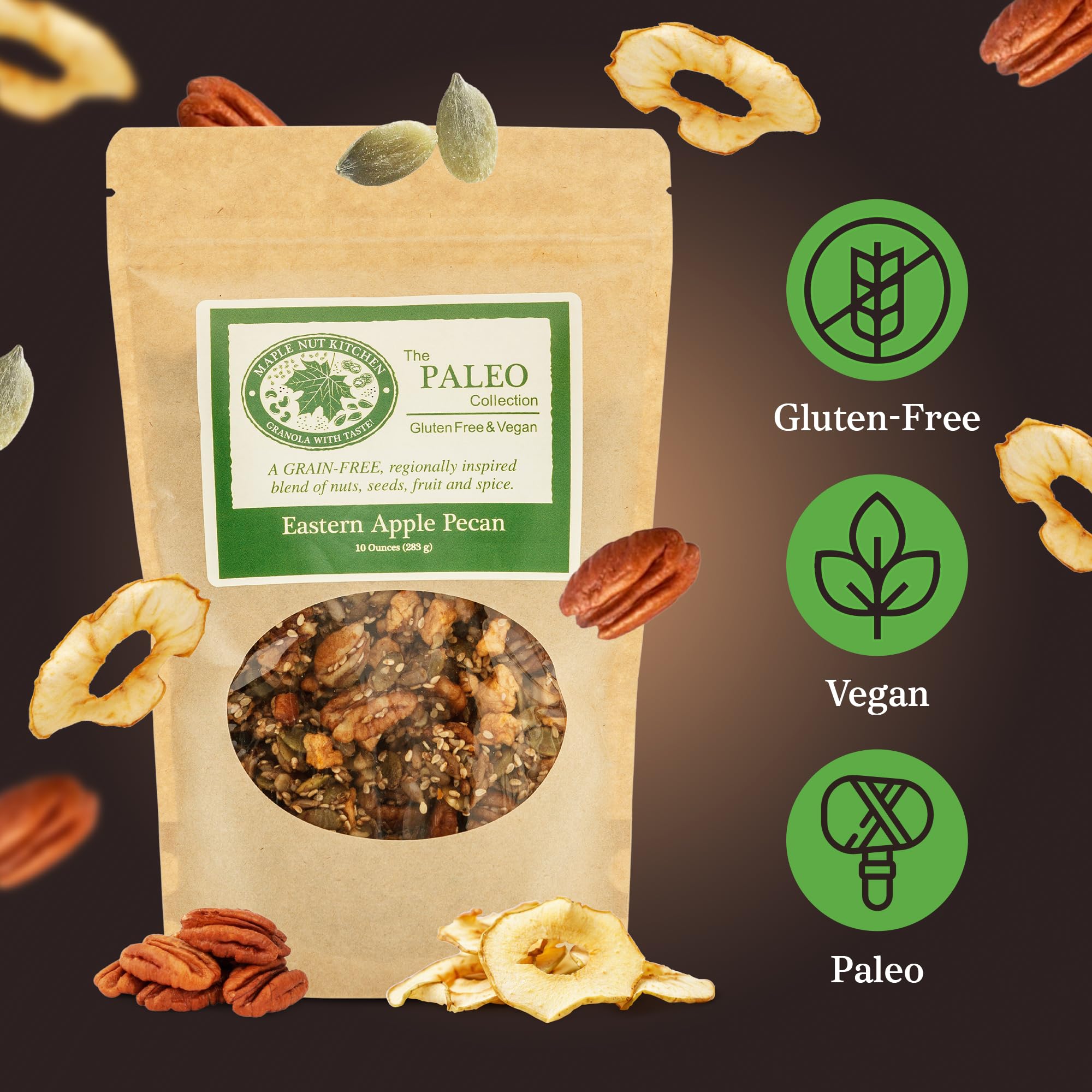 Maple Nut Kitchen Eastern Apple Pecan Paleo Granola 3 Pack - Grain Free, Vegan, Gluten Free, No Sugar Added, Low Carb Granola with Pecans, Pumpkin