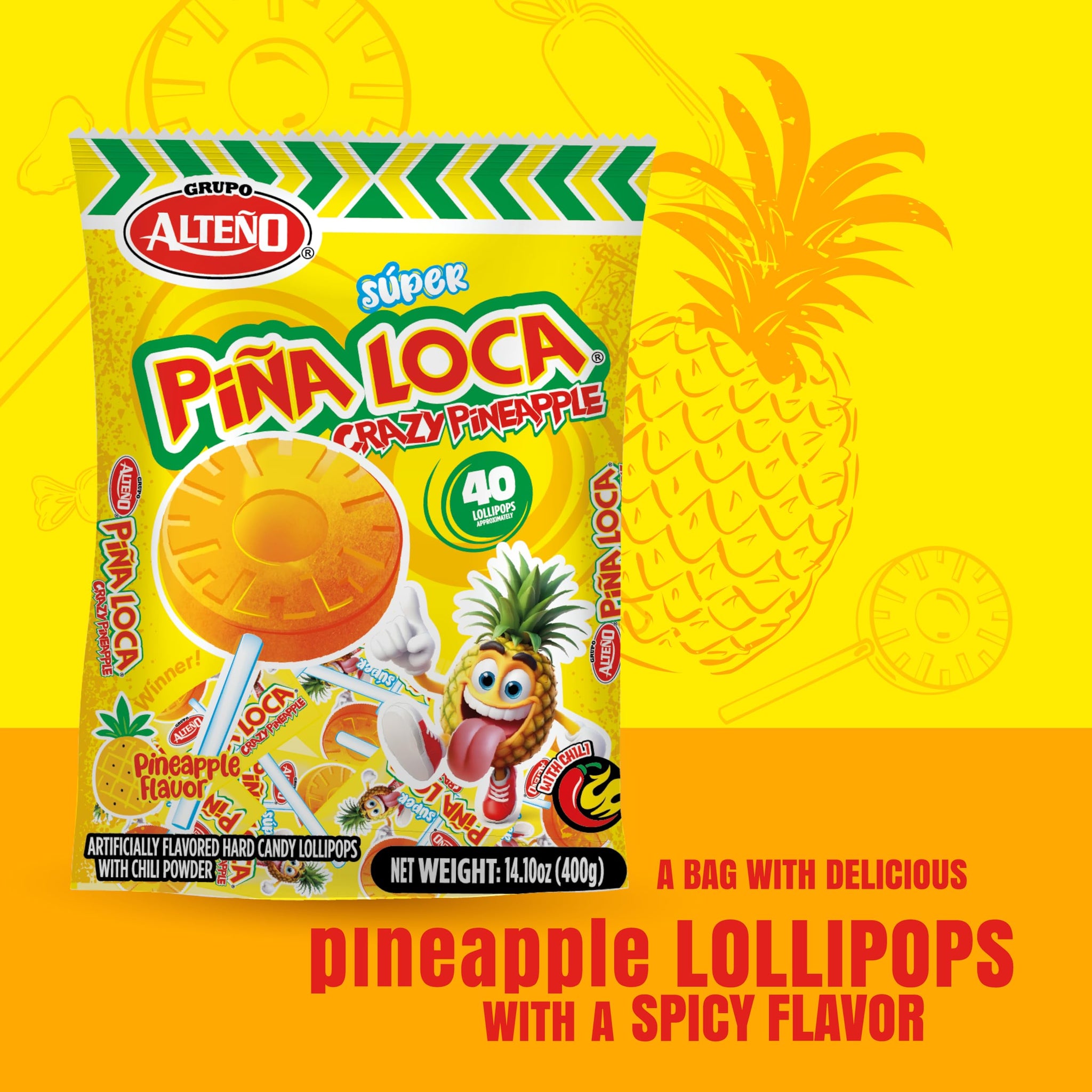 Alteño (Alteno) Super Piña Loca Pineapple Chili Lollipops, Mexican Style Spicy Hard Candy, Individually Wrapped, 40 Count