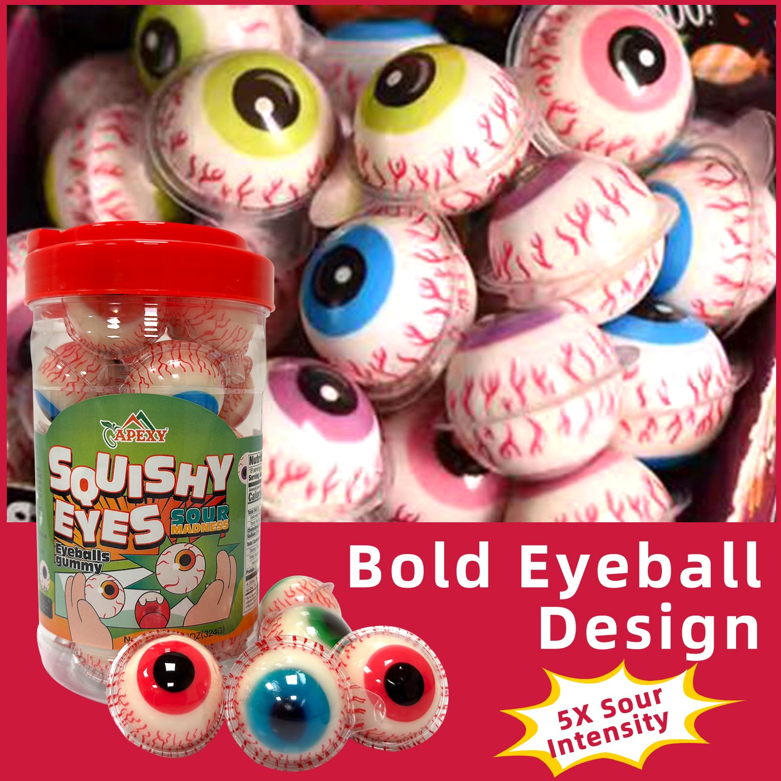 Apexy Sour Eyeball Gummies - with Fruity Liquid Center Eyeball Candy for Halloween, Birthday, Trick Or Treat, Party Candy - Jelly Filled Gummies, Fat