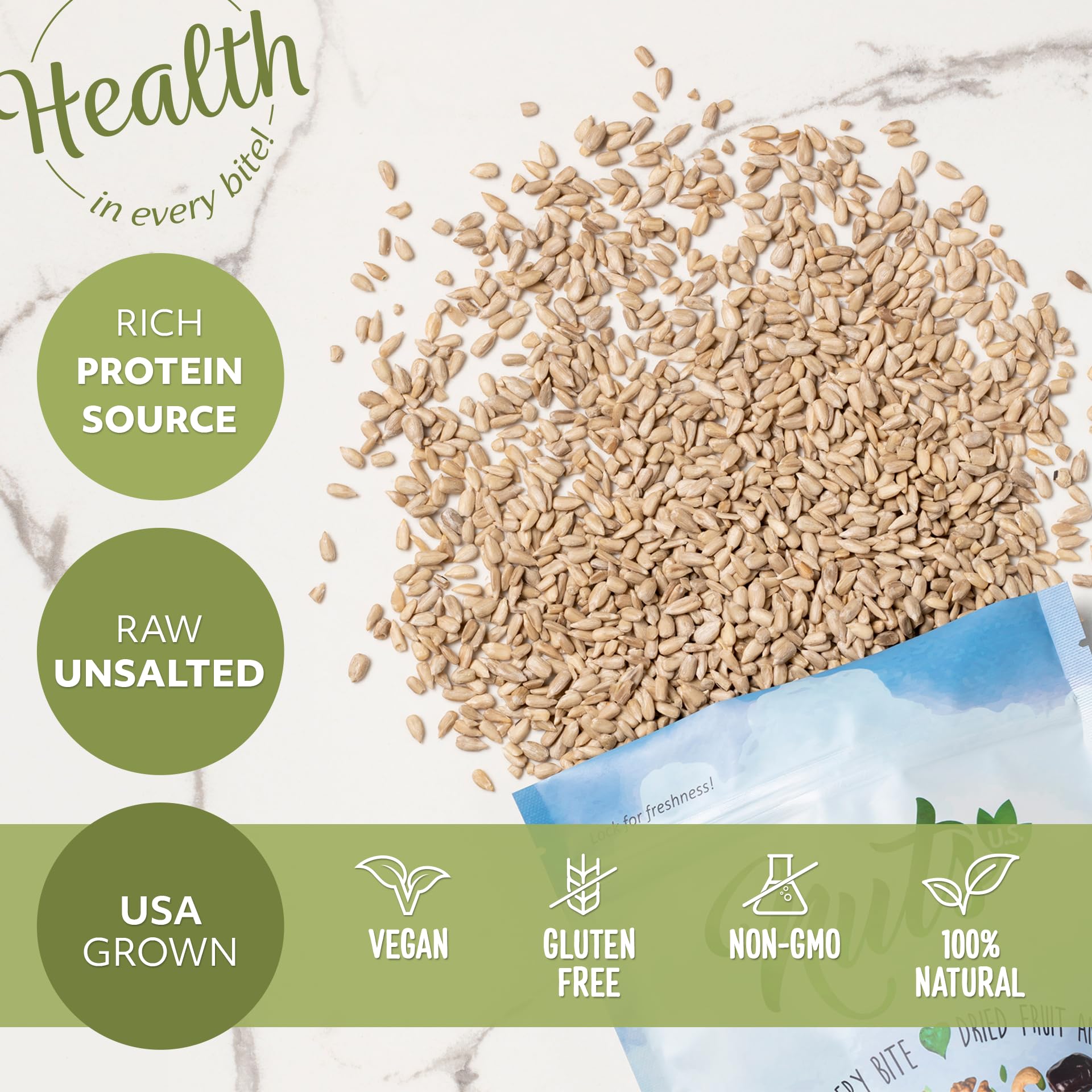 NUTS U.S. - Sunflower Kernels | Raw | A Rich Source of Protein | USA Grown and Packed in Resealable Bags!!! (2 LBS)