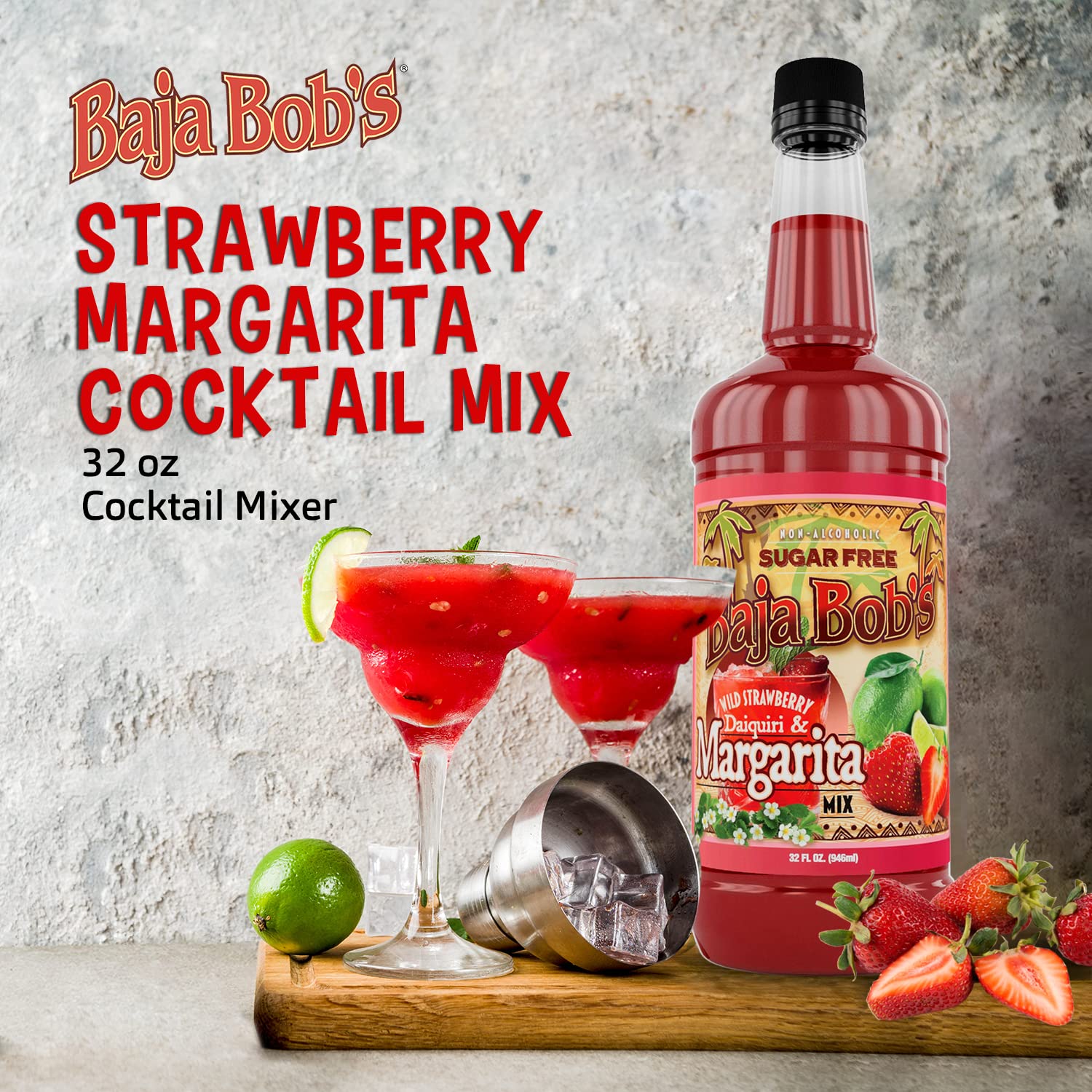 Baja Bob's Wild Strawberry Daiquiri and Margarita Mix 32oz Bottle - Sugar Free Cocktail Mixer - Keto Friendly - Low Calorie - Low Carb - Non-Alcoholic