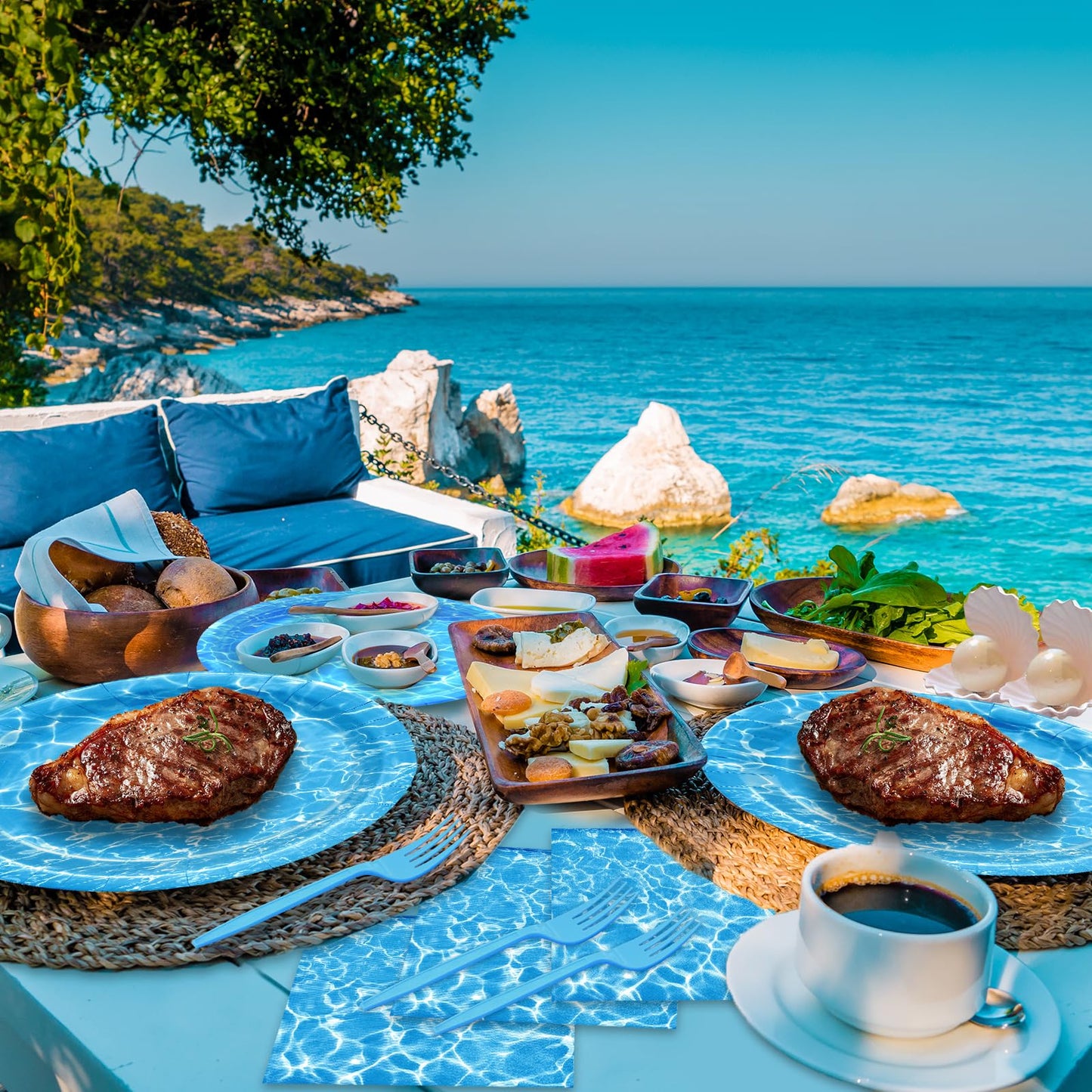 96 Pieces Ocean Wave Tableware Set Party Supplies - Water Pattern Themed Disposable Dinnerware with Paper Plates, Napkins, and Forks for Pool Parties