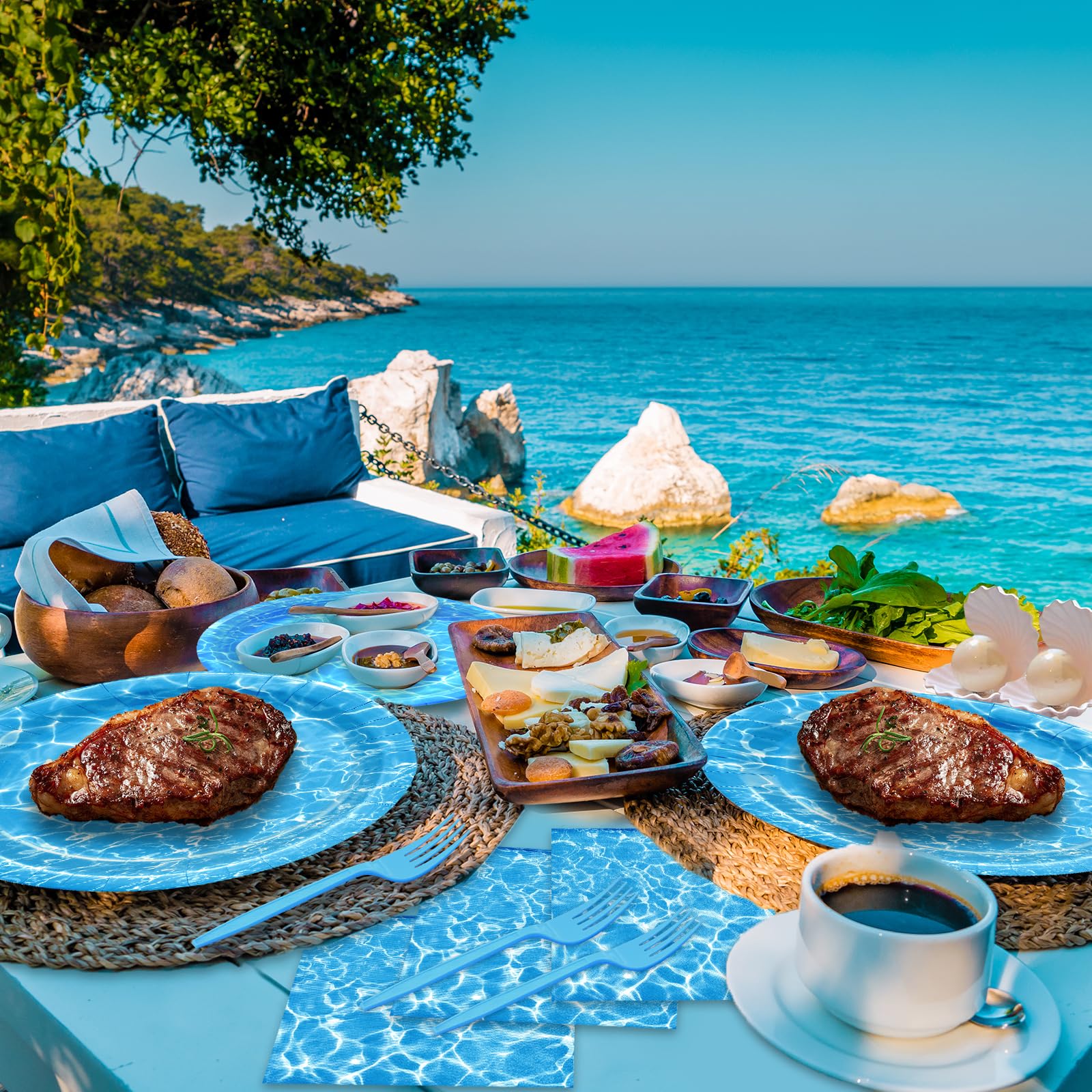96 Pieces Ocean Wave Tableware Set Party Supplies - Water Pattern Themed Disposable Dinnerware with Paper Plates, Napkins, and Forks for Pool Parties