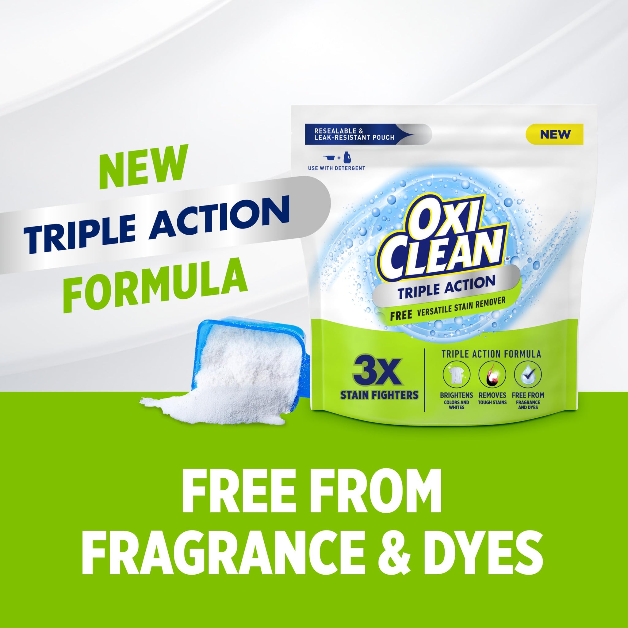 OxiClean Triple Action Free Versatile Stain Remover Powder, Use with Detergent, No Fragrance, No Dyes, No Chlorine, Removes Stains, Brightens Colors