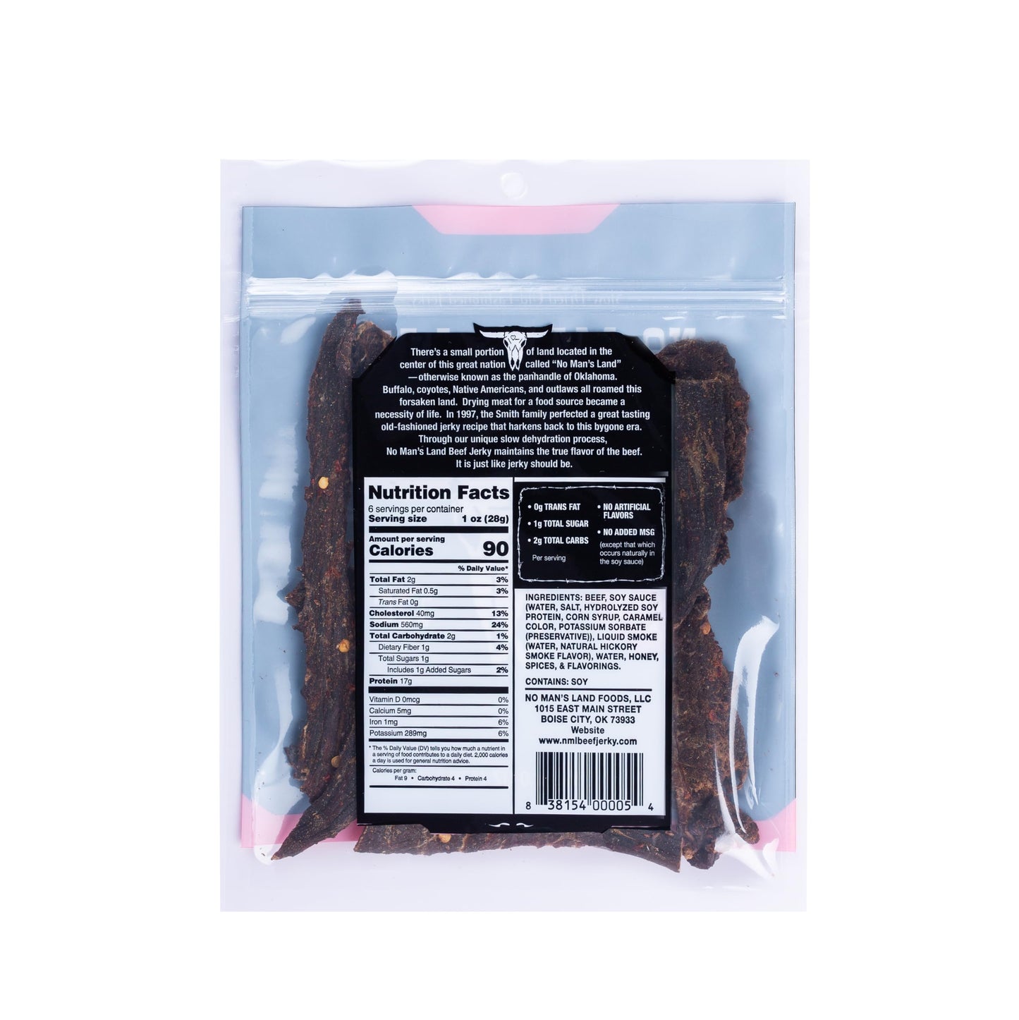 No Mans Land Slow-Dried Beef Jerky | 17G Protein, Low Carb, Low Calorie Beef Snack | Smoked & Seasoned Jerky Strips | HOT 6oz Bag