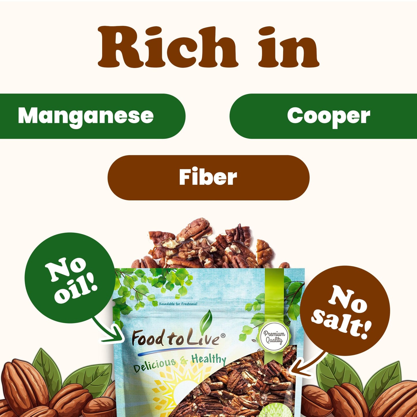 Food to Live Dry Roasted Pecan Pieces, 8 Ounces - Rich in Flavor and Crunch, Oven Roasted, No Oil Added, Unsalted, Perfect for Cooking, Baking