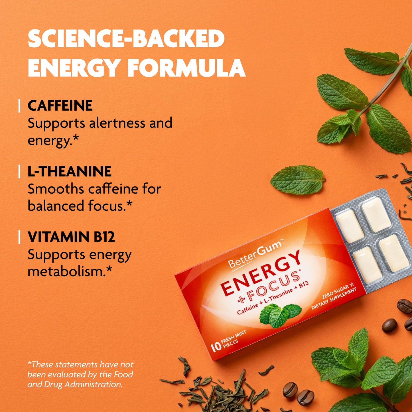 BetterGum Energy and Focus Gum with Caffeine, L-Theanine and Vitamin B12, Supports Clean Energy and Alertness, Alternative to Energy Drinks