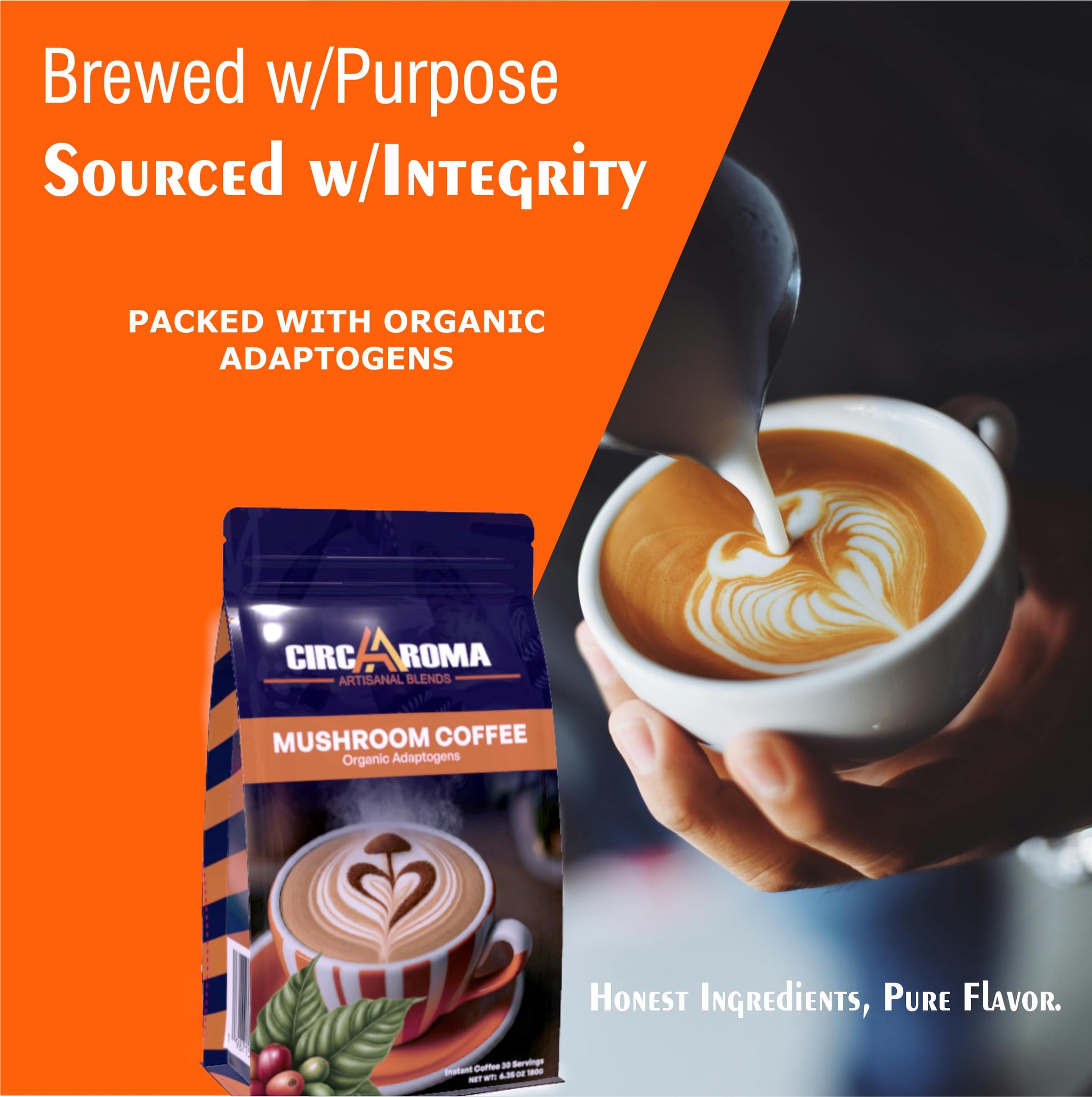 CIRCA AROMA Mushroom Coffee, Organic Arabica Coffee with Lion's Mane, Chaga, Maitake, Shiitake, Cordyceps, L-Theanine and Coconut Milk.
