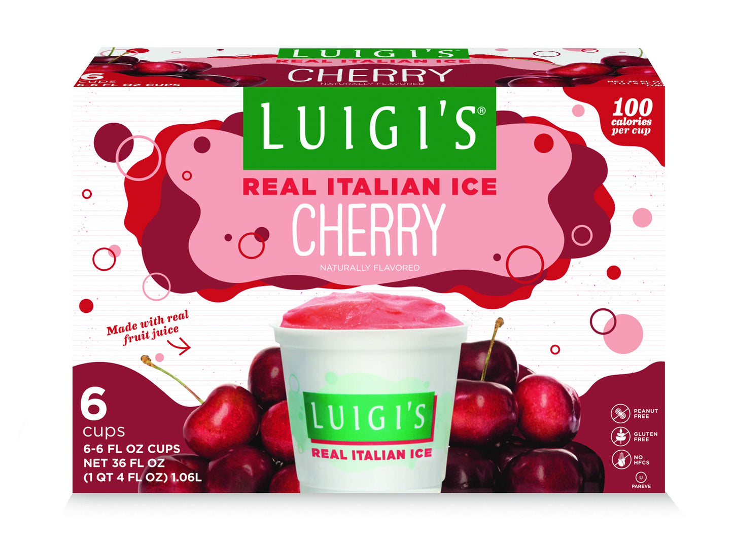 Luigi's Real Italian Ice, Cherry, 6 Ounce, 6 Count (Frozen)