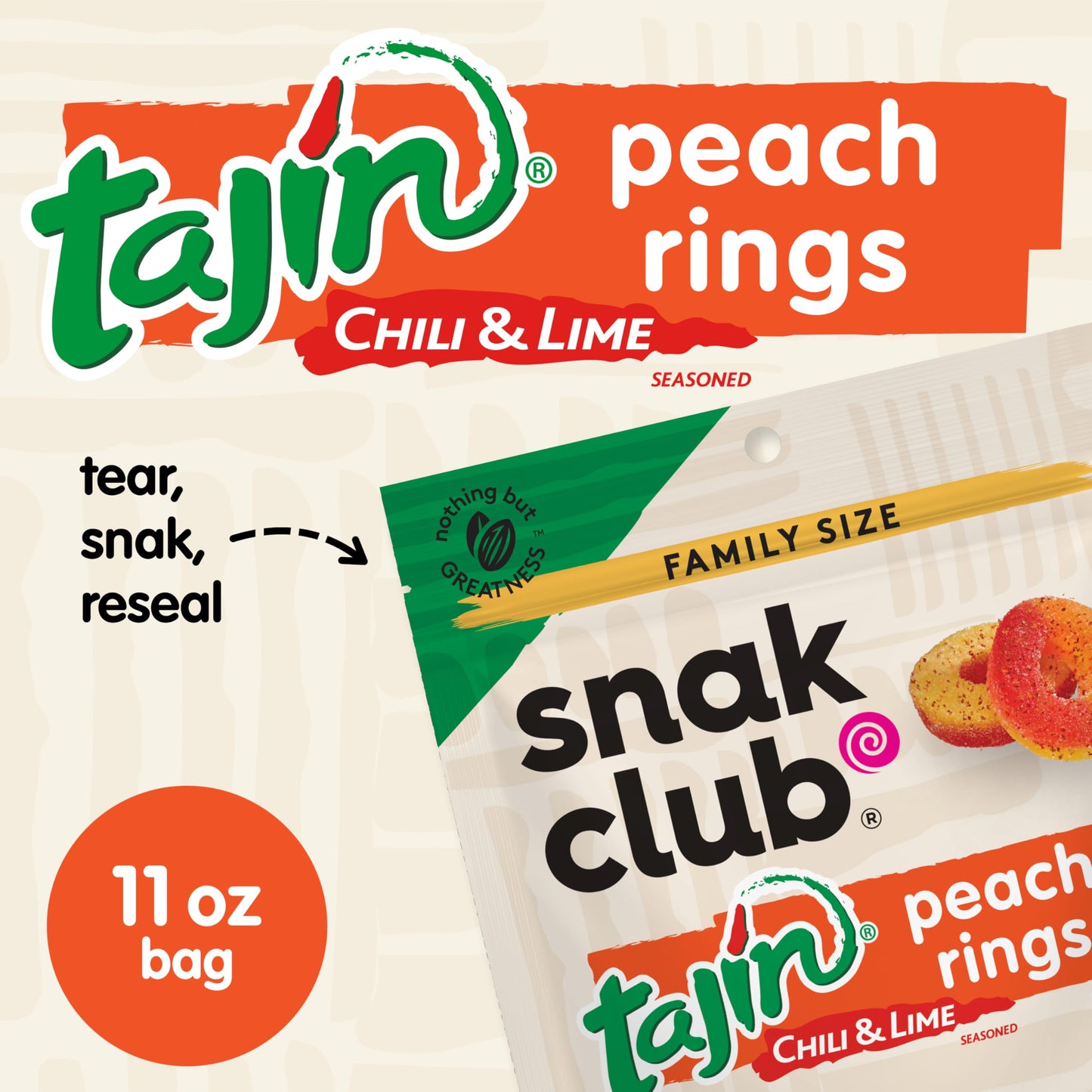 Snak Club Peach Rings, Tajin Chili & Lime Seasoned, Sweet and Spicy Gummy Candy, Mild in Heat Bold in Flavor, Low-Fat, Vegan, Gluten-Free Snack