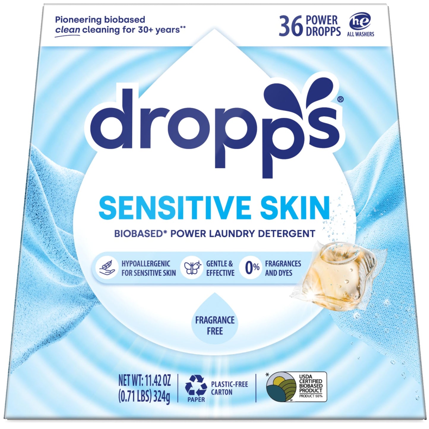 Dropps Sensitive Skin Laundry Detergent Pods, Unscented (36 Ct) - Hypoallergenic & Dermatologist Tested | Free & Clear | Laundry Pods for Sensitive