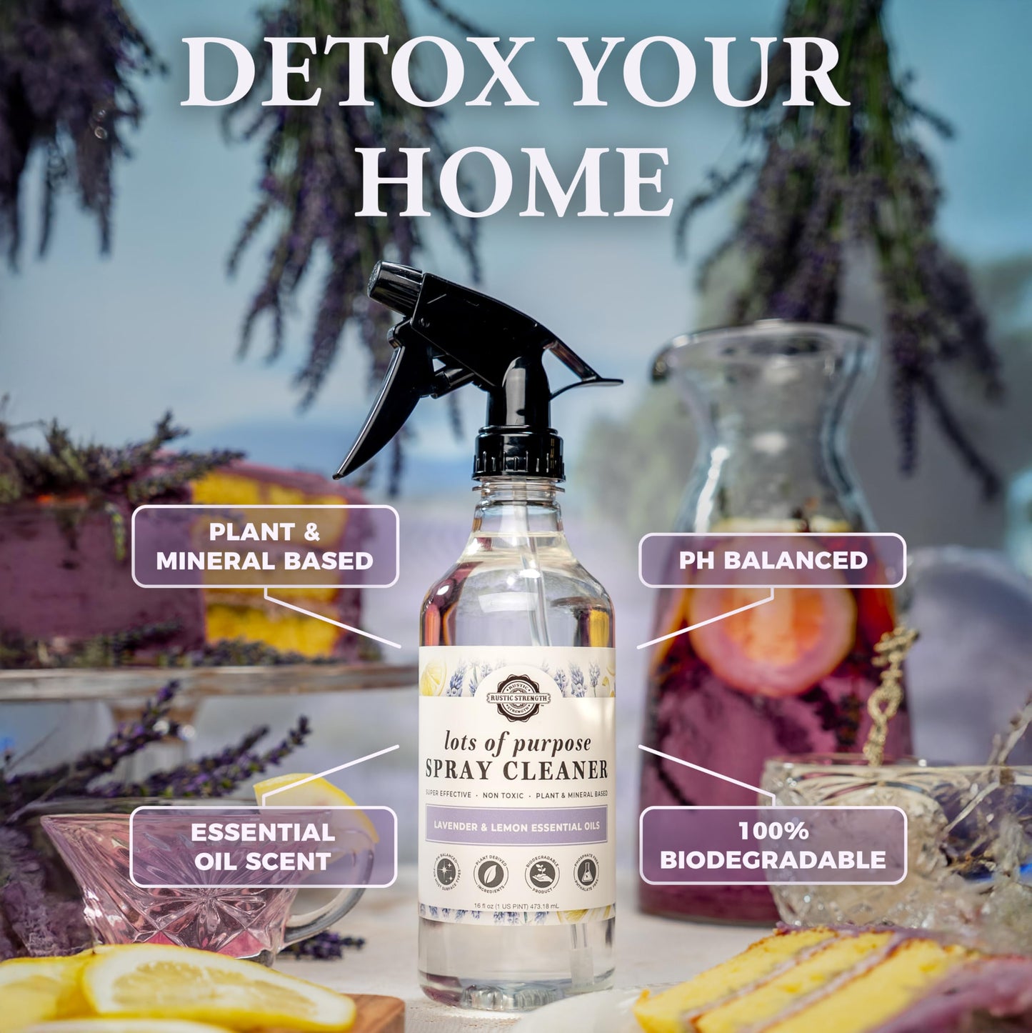 Rustic Strength Lots of Purpose Spray Cleaner with Lavender and Lemon Essential Oils, Multi-Purpose, Plant Based, Non-Toxic, 16 Fl Oz
