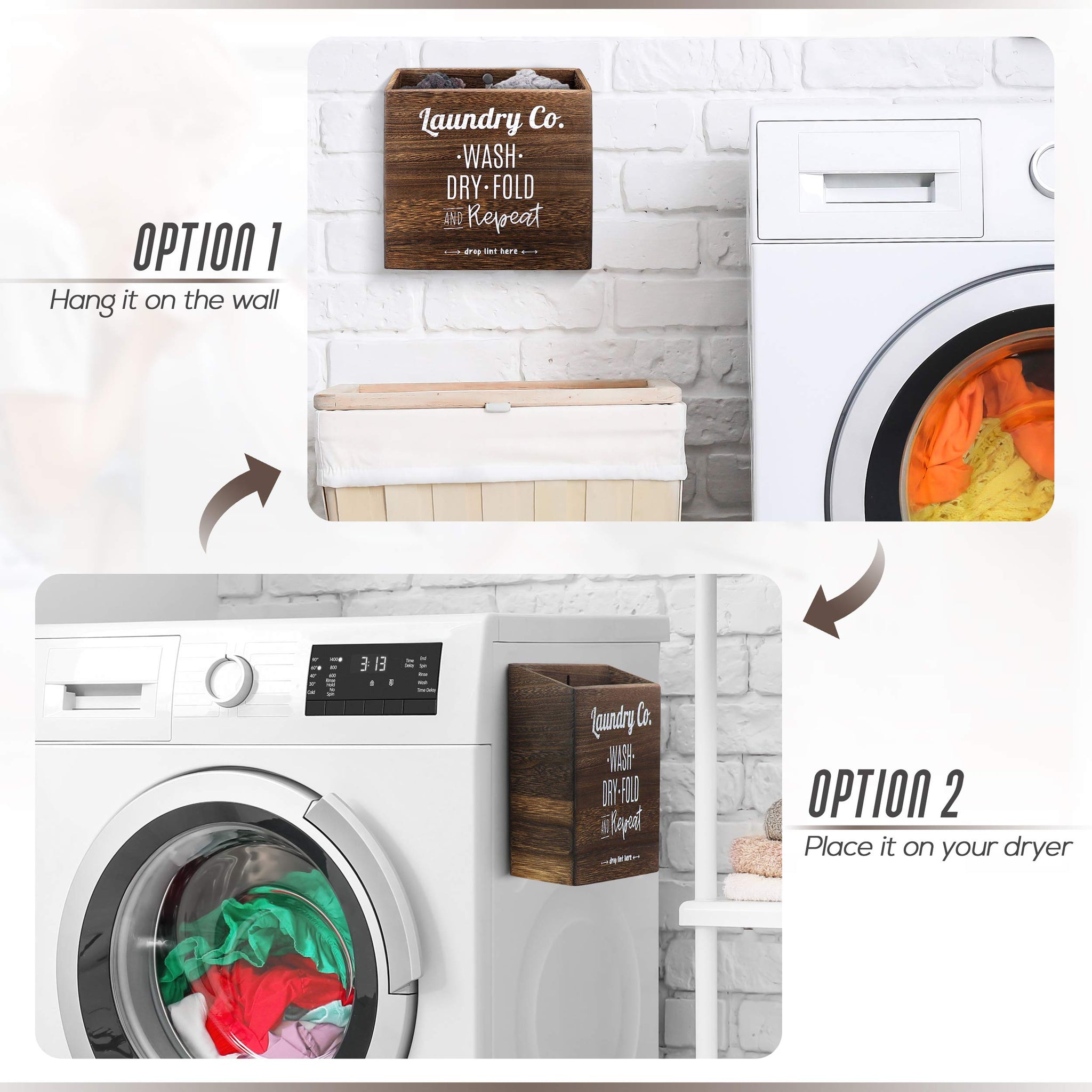 Magnetic Lint Bin for Laundry Room - Mountable, Wooden Lint Box/Holder/Trash Can or Organization and Storage Bin for Washer and Dryer Supplies