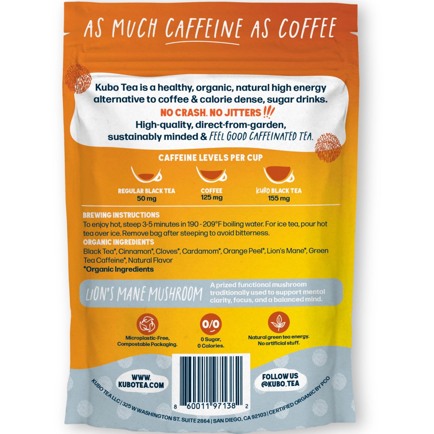 Kubo Lion’s Mane Chai Tea Bags | Organic High Caffeine (155mg) Black Tea + Lion’s Mane Mushroom | 20 Pyramid Count | Caffeinated Tea for Calm Focus