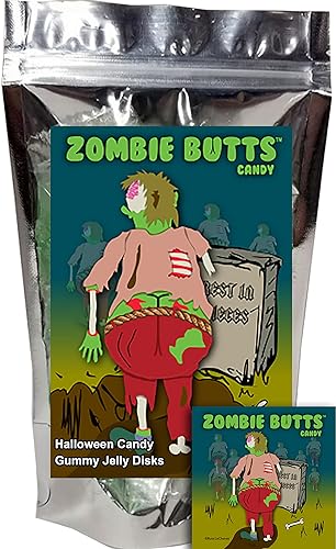 Zombie Butts Gummy Green Apple Fruit Flavored Jelly Disks Fun Unique Halloween Candy Gag Gift for Birthday Girls, Boys, Kids & Teens (5.5 Ounce)