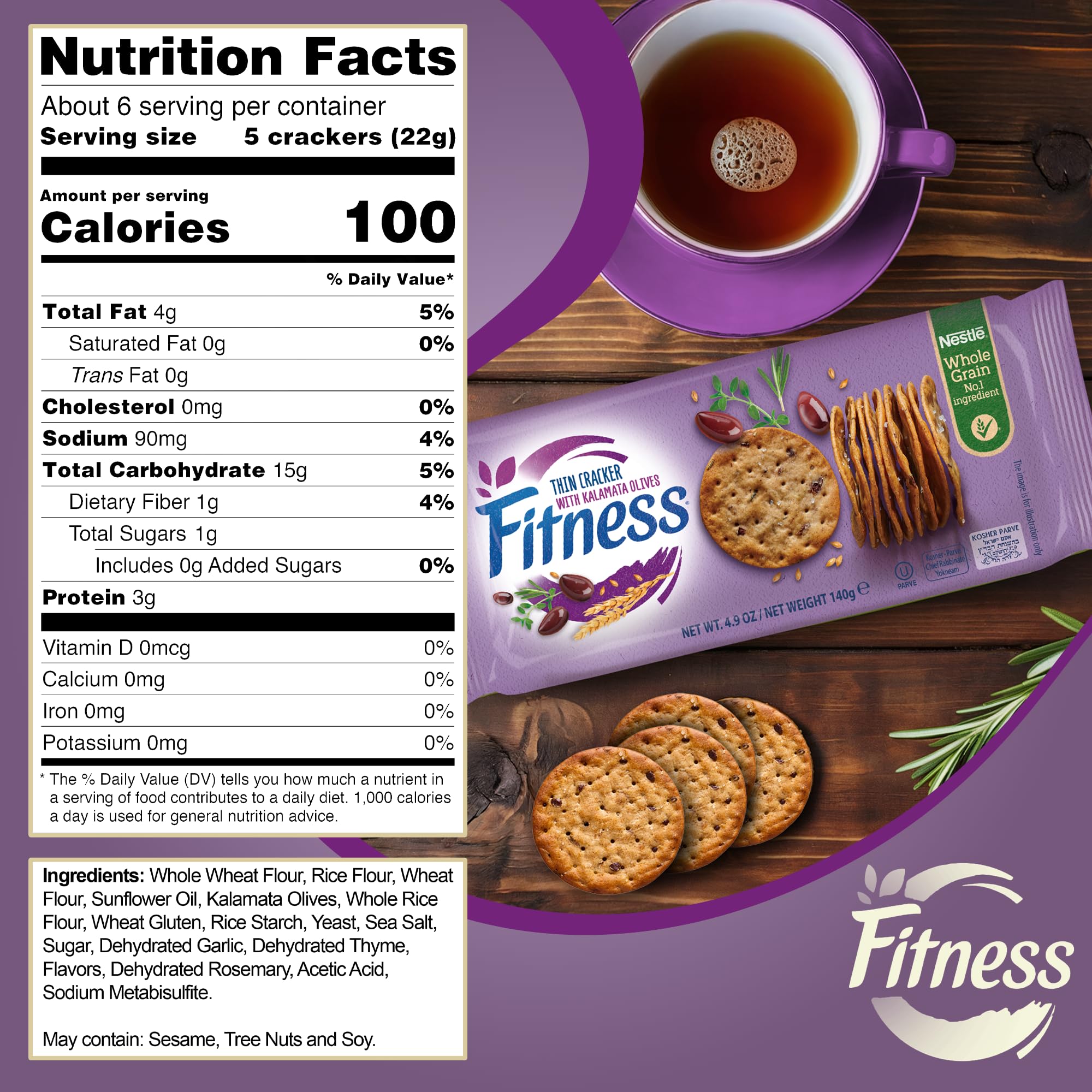 Nestle Fitness Thins Kalamata Olive Crackers (2-Pack) - Whole Grain, Kosher Certified, 100 Calories Per Serving - Perfect for Pairing with Dips