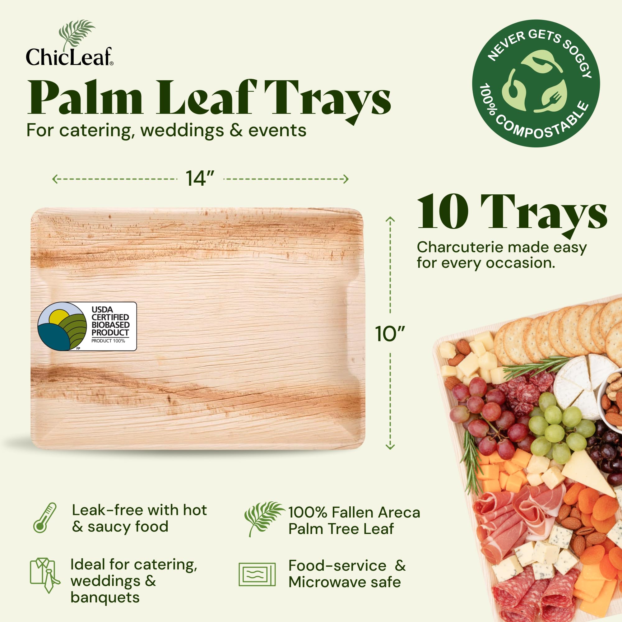 Chic Leaf Compostable Palm Leaf Serving Trays, 10x14 Inch Rectangular Disposable Platters for Charcuterie, Parties, and Catering, Heavy-Duty Microwave