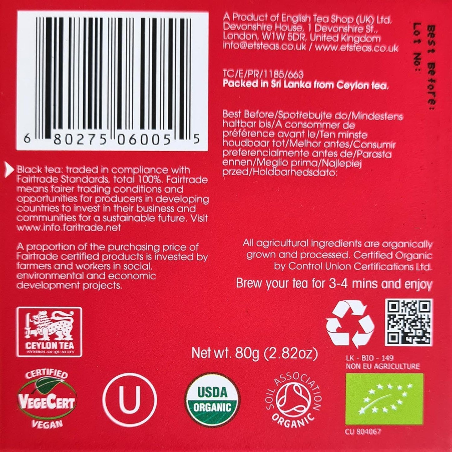 English Tea Shop Organic Fairtrade English Breakfast - 80g Whole Leaf Tea Pack, 80g