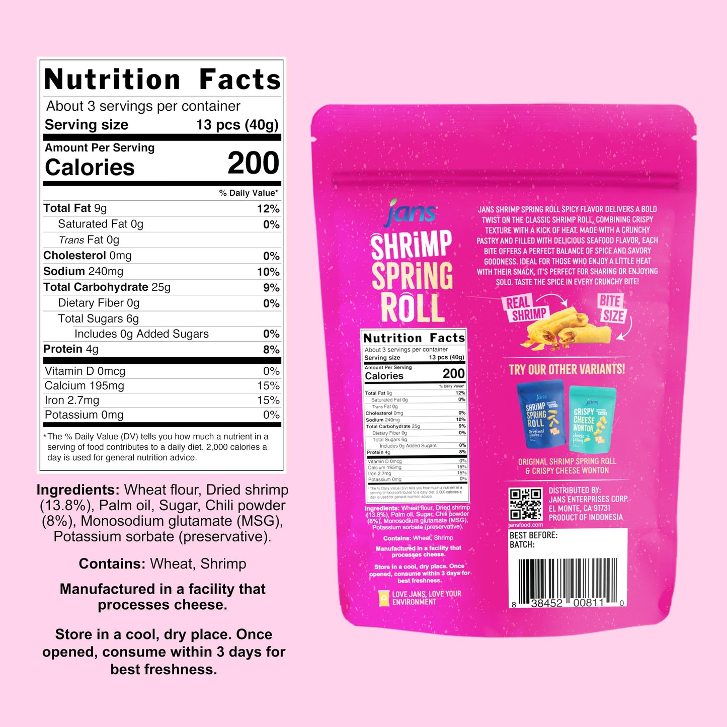 Jans Crispy Asian Snacks Bites, 5.29 oz Resealable Snack Bag (1-Pack, Spicy Shrimp Spring Roll)
