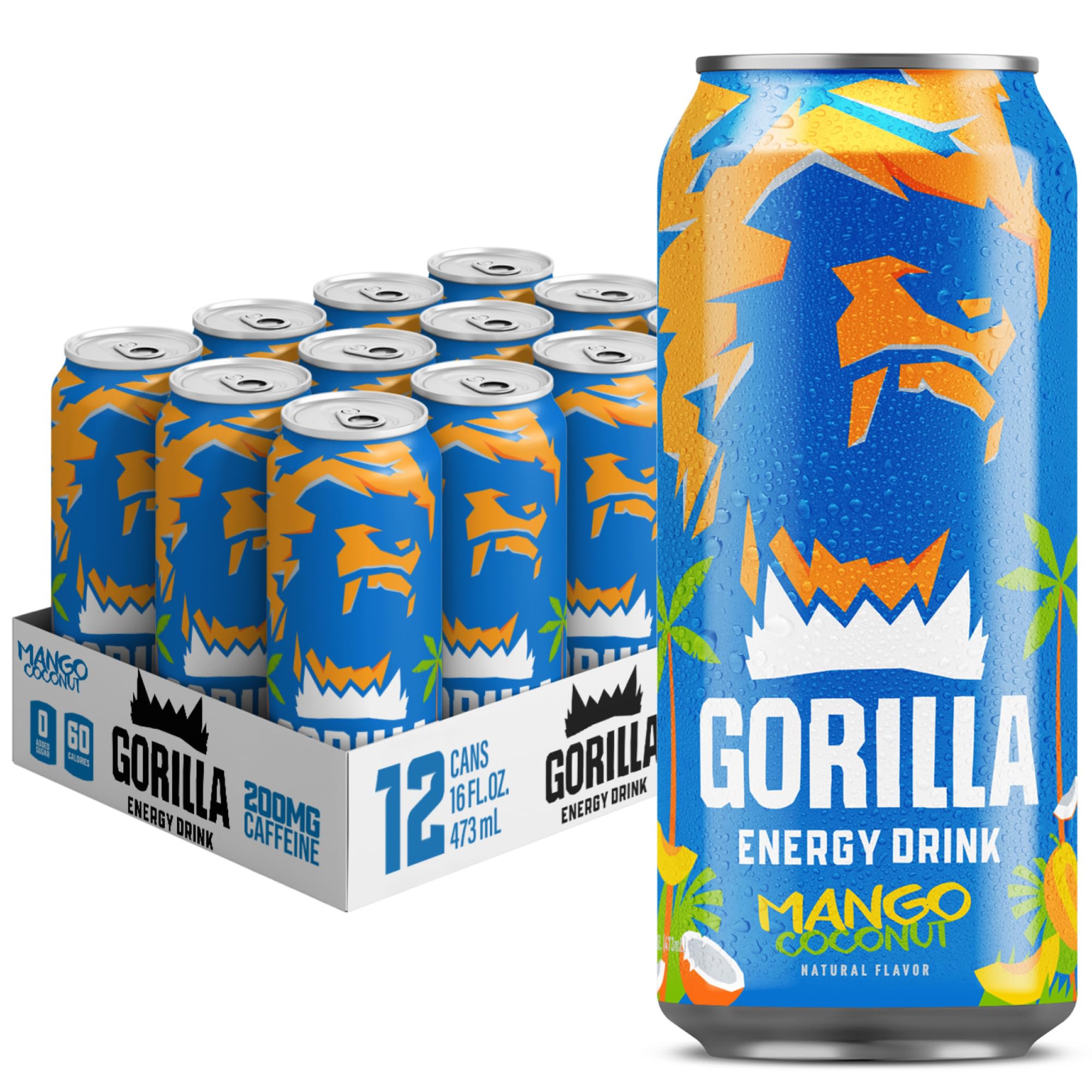 Gorilla Energy Drink, Mango Coconut, 200mg Natural Caffeine, Real Fruit Juice Squeezed & Concentrated, L-Theanine, Taurine, Ginseng, Acetyl