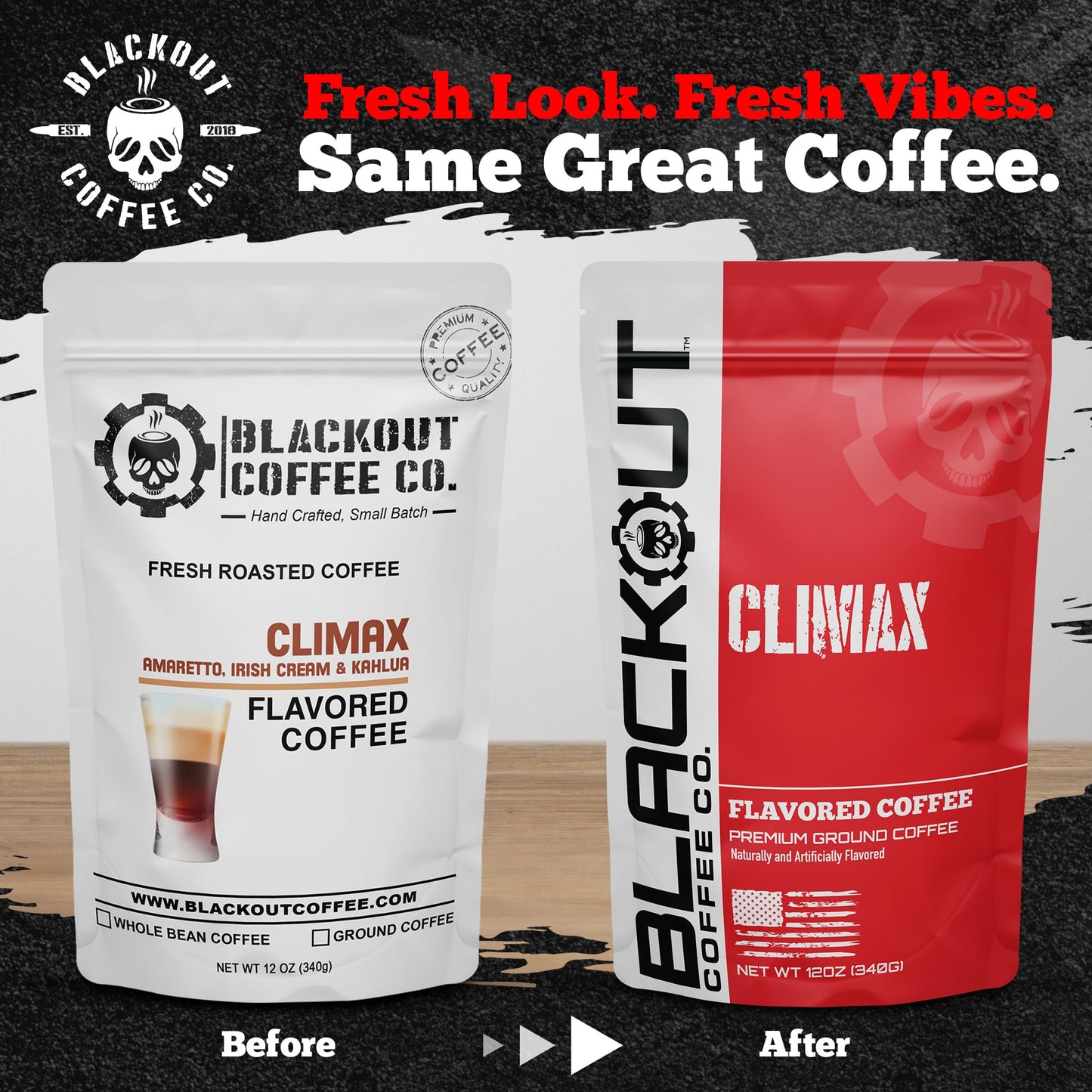 Blackout Coffee Climax Amaretto, Irish Cream & Kahlua Flavored Ground Coffee - Medium Roast, Smooth Taste, Guilt-Free Indulgence - Freshly Roasted