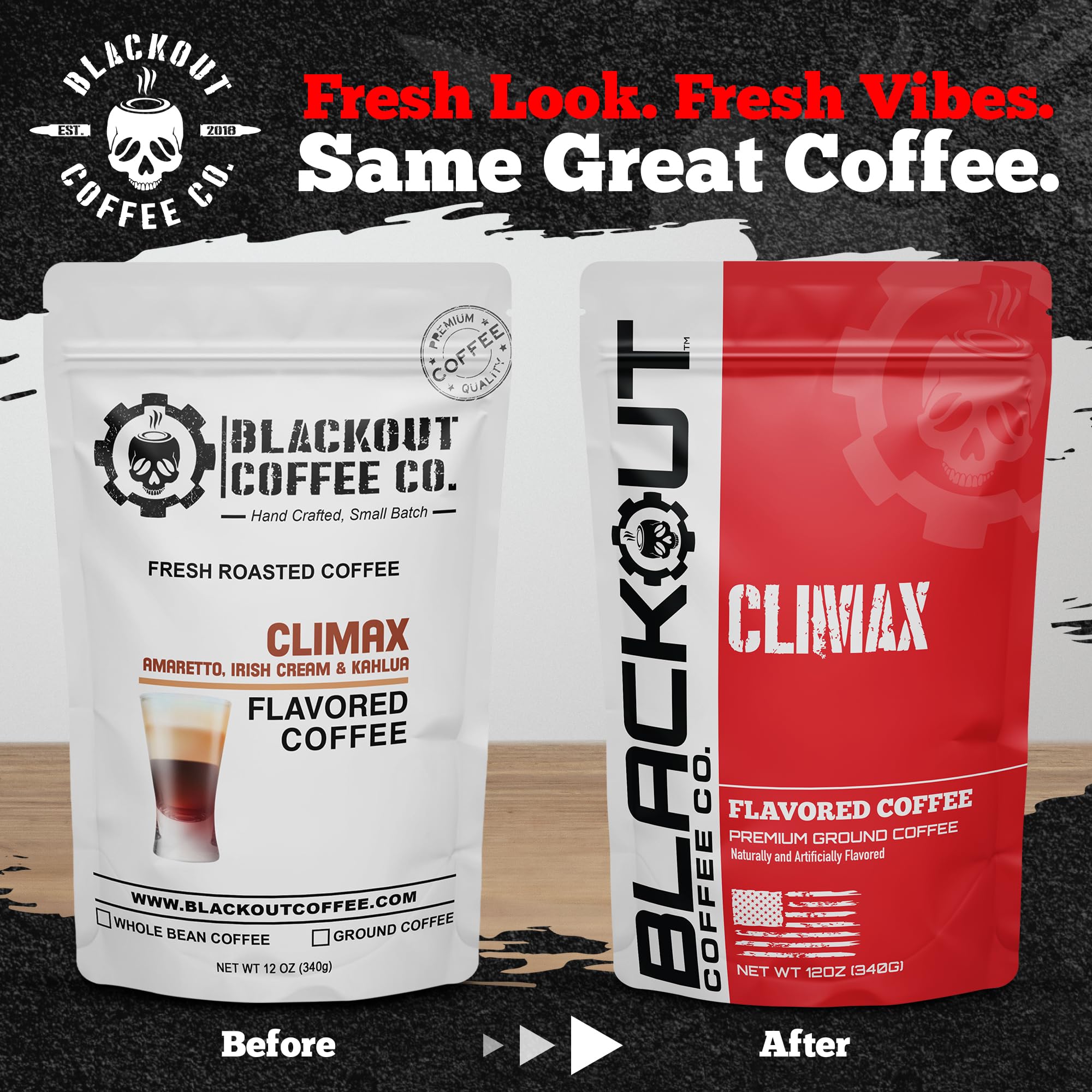 Blackout Coffee Climax Amaretto, Irish Cream & Kahlua Flavored Ground Coffee - Medium Roast, Smooth Taste, Guilt-Free Indulgence - Freshly Roasted